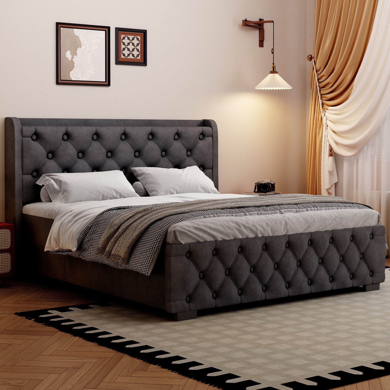 Lexzurn Polsterbett Doppelbett 140x200 cm,mit LED-Licht und Ladeanschluss (hydraulisches Speicherbett (680-Liter-Stauraum, Metallrahmen und Massivholz-Lattenrost,geräuscharmes Design), USB-Anschluss/Doppelsteckdose, Aufladen ohne Aufstehen), Samtstoff