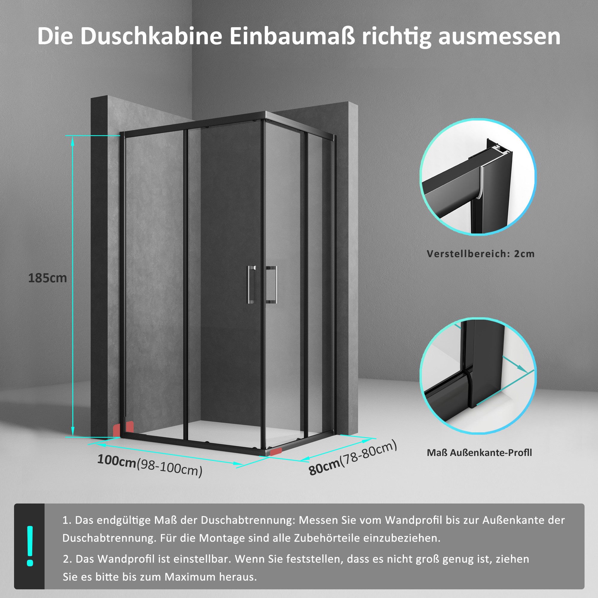 Boromal Eckdusche 100x80x185cm Duschkabine Schwarz 80x100x185cm günstig online kaufen