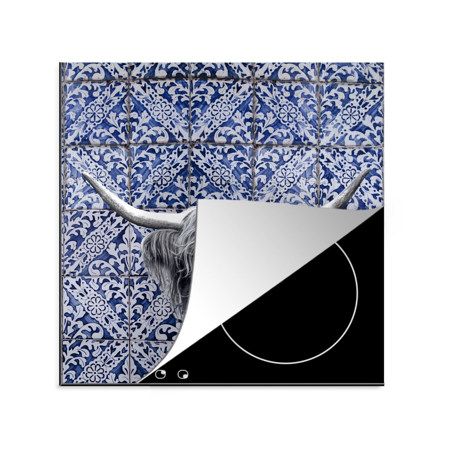 MuchoWow Herdblende-/Abdeckplatte Schottischer Highlander - Delfter Blau - Schwarz - Weiß, Vinyl, (1 tlg), 78x78 cm, Ceranfeldabdeckung, Arbeitsplatte für küche