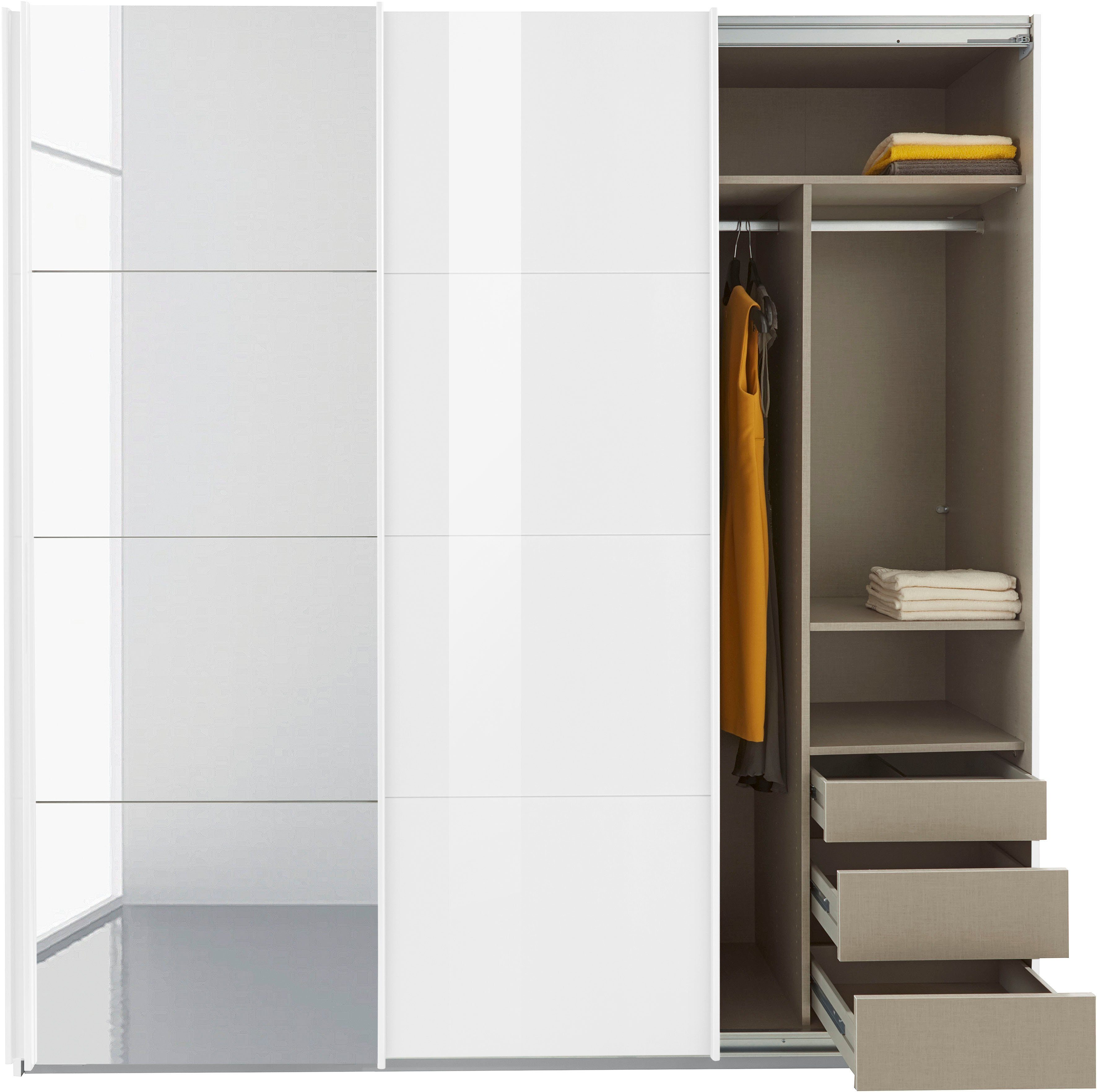 Böden zusätzlichen Wäscheeinteilung Innenschubladen inkl. Schwebetürenschrank sowie mit Weiß rauch Oteli 3 Weiß/Hochglanz