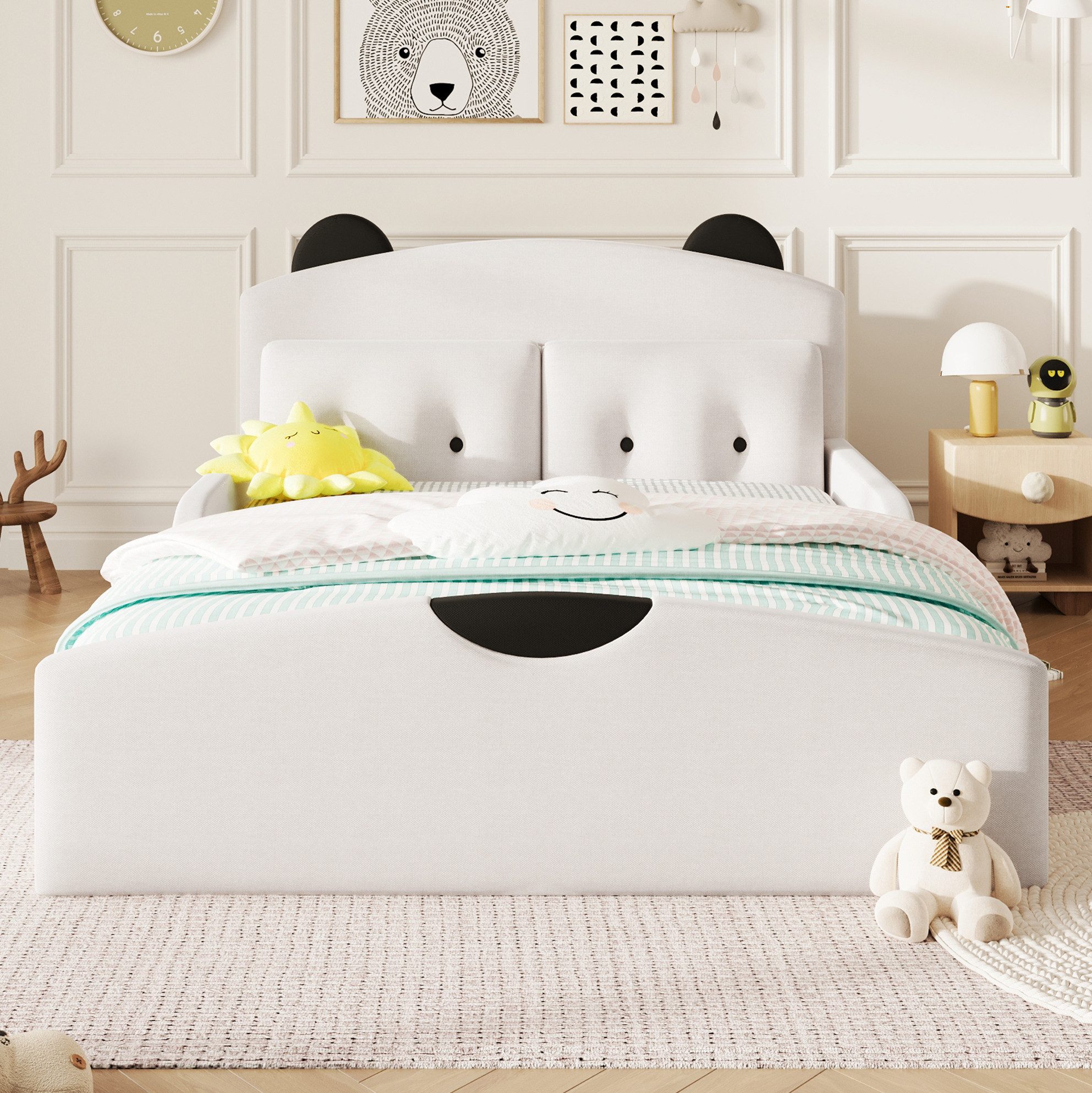 MODFU Polsterbett Bettgestell mit Leinenstoff 140×200 cm Bären Design Ohne Matratze (Packung, 1-tlg., Schlafmöbel mit Plattform Aufbau für moderne Schlafzimmer in Weiß), Doppelbett mit gepolstertem Kopfteil und dekorativen Kissen