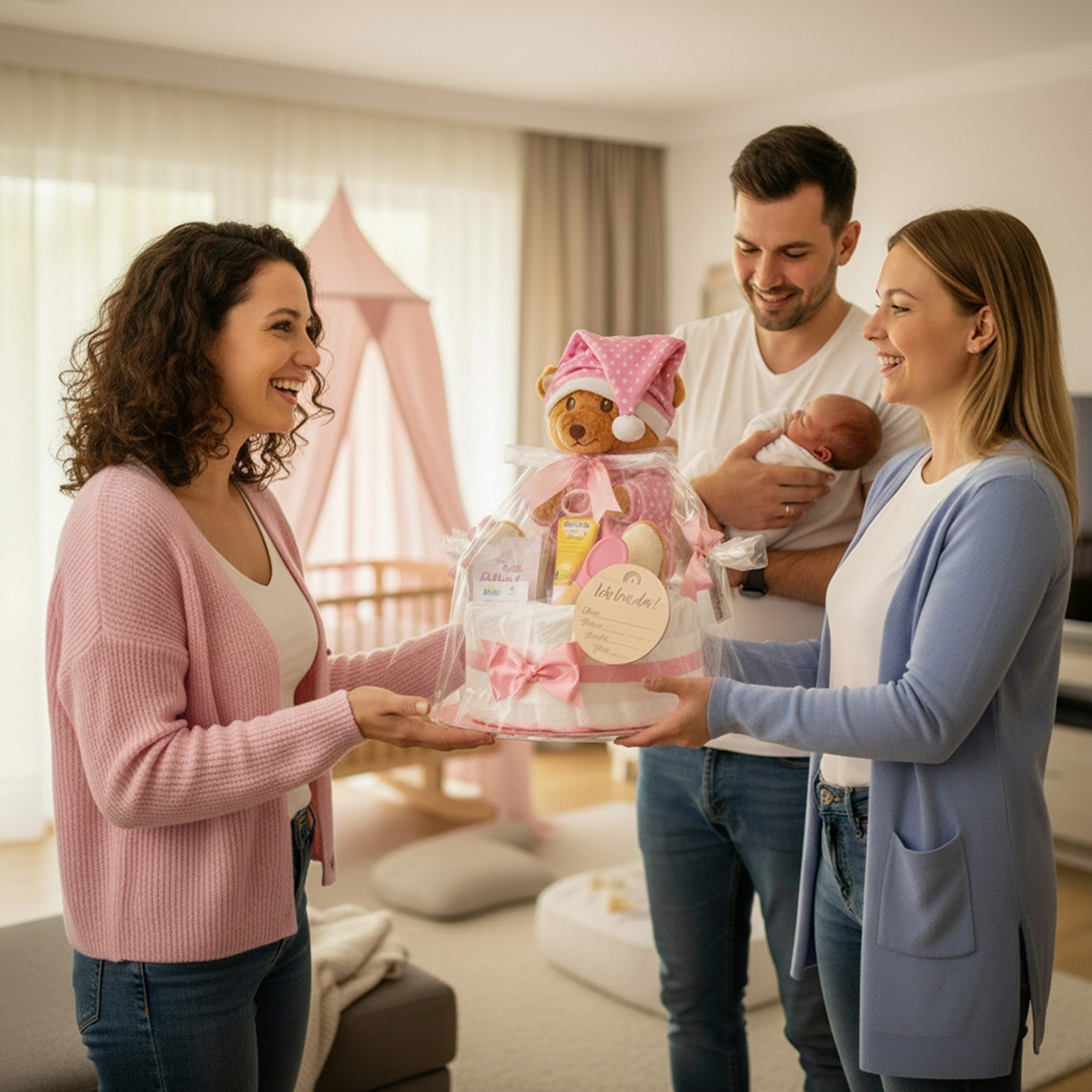 Timfanie Windeln Windeltorte, LiebhabBÄR, rosa, 0-8 Monate (Handgefertigtes Geschenk - In Folie gehüllt, mit Schleifen verziert, 28-St., 20x Pampers Premium, 1 Marken-Kuscheltier, wertige Accessoires), Das Perfekte Geschenk zur Geburt oder Babyparty.