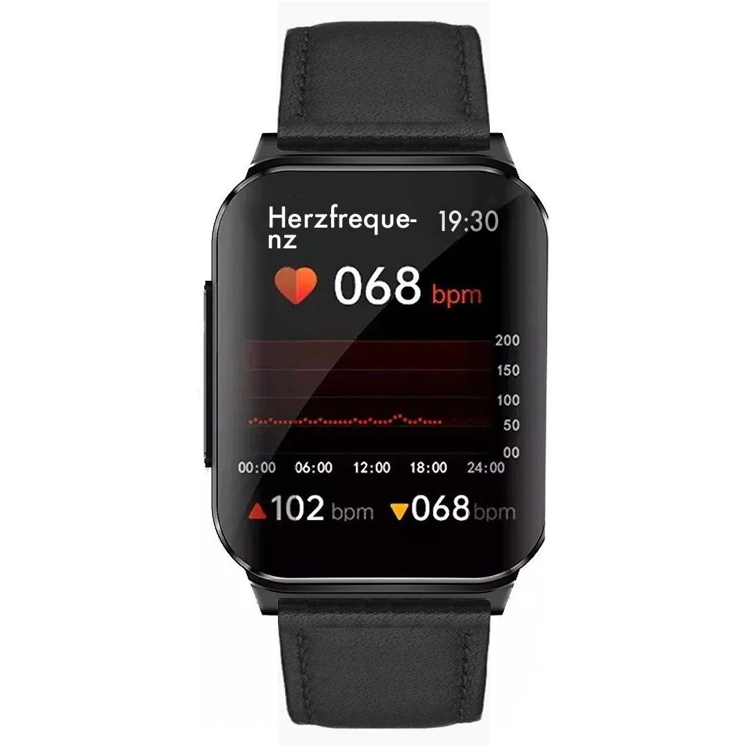 Lederfaserarmband | Schwarz Smartwatch Schwarz-Lederfaserarmband Plus Knauermann (2023) inkl. (1,83 schwarz Zoll), Schnell-Ladekabel 2 Pro