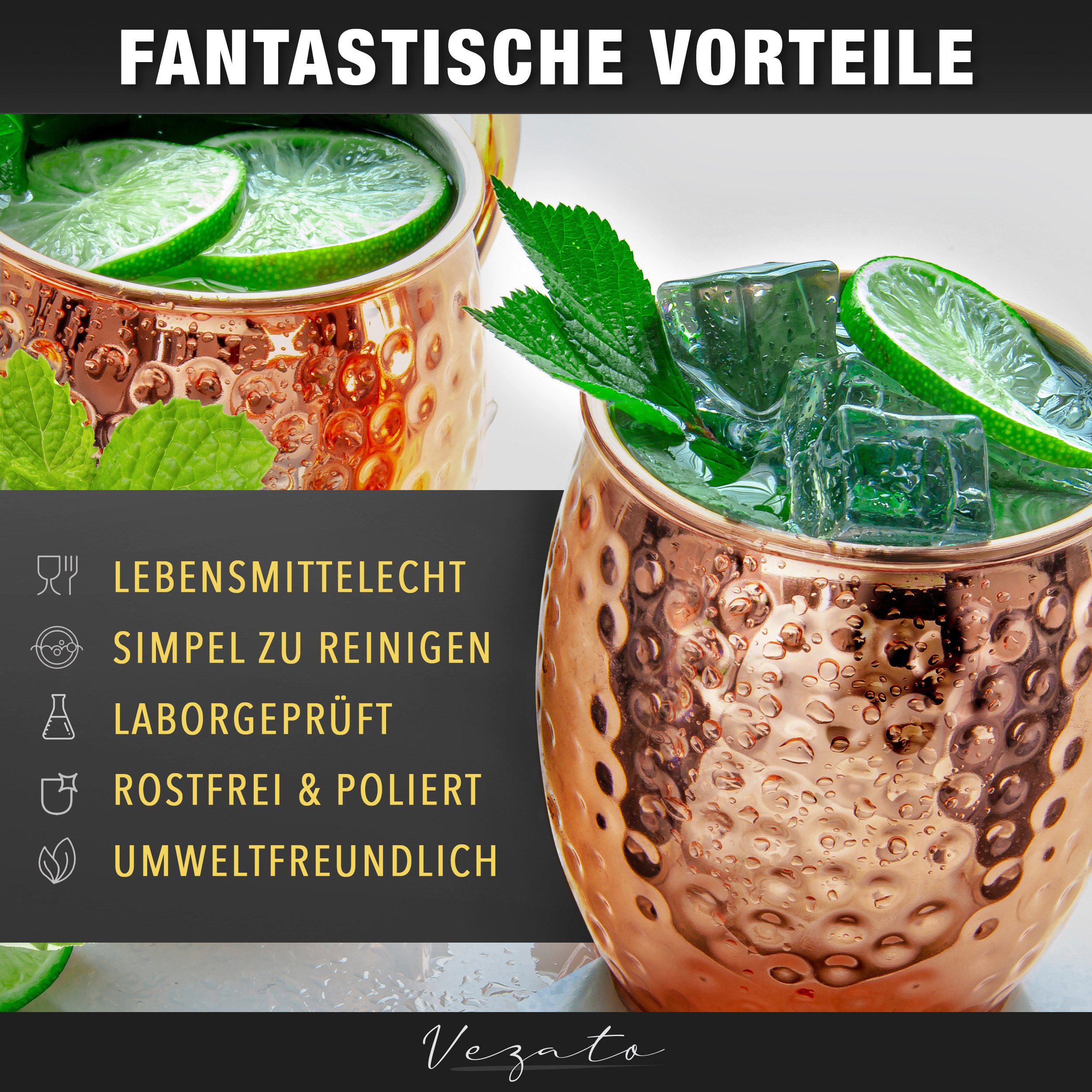 Vezato Cocktailglas 4 Moscow-Mule-Becher [500ml] – 4er Set Kupferbecher gehämmert -, Mit Strohhalmen, handgefertigt, rostfrei, für Cocktails – Bild 5 von 5
