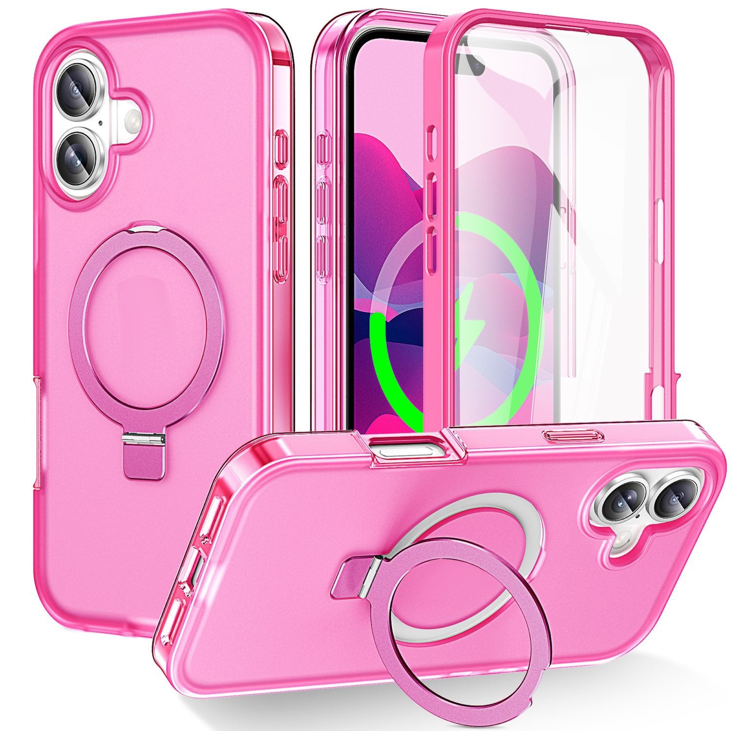 Wigento Handyhülle Für Apple iPhone 17 Skin Feel MagSafe Ring Halter 360 Grad Hülle Pink, 360 Grad MagSafe Frosted Skin Feel Hülle