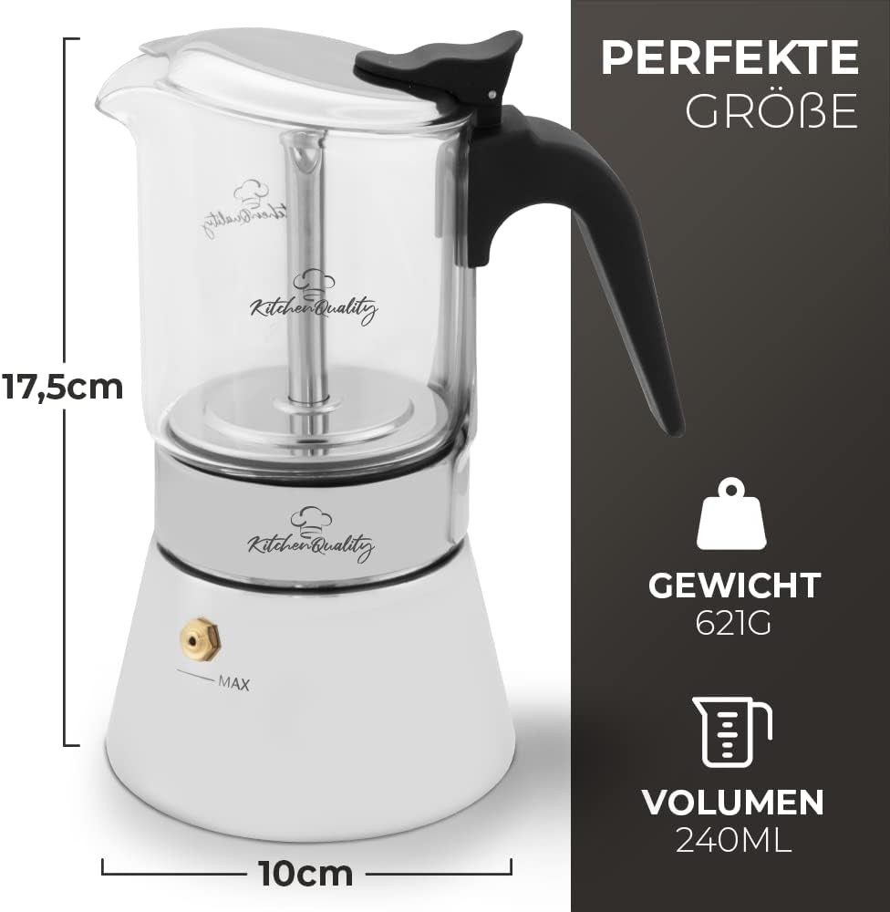 KitchenQuality Espressokocher, Langlebig, leicht zu reinigen, inkl. Portionierlöffel & Untersetzer