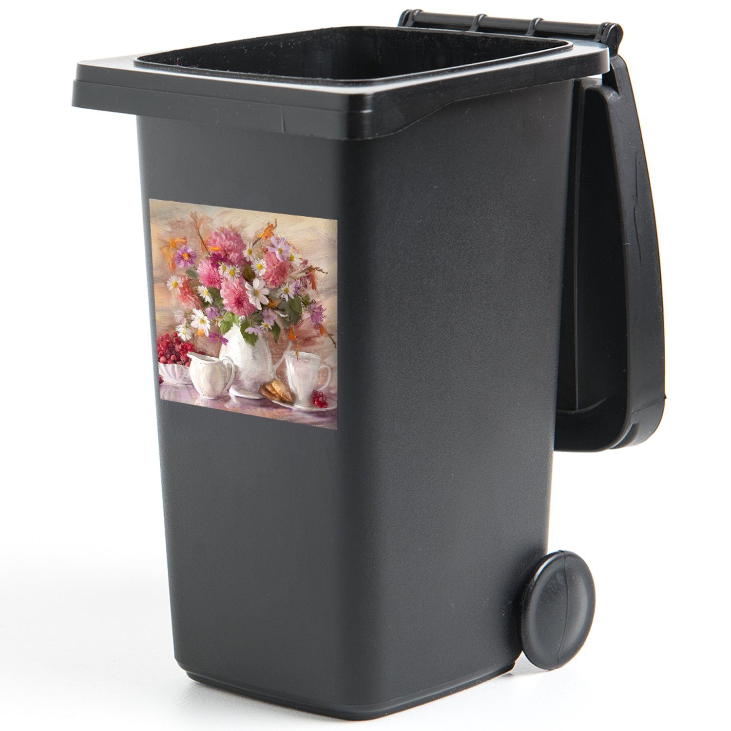 Abfalbehälter Ölfarbe - Mülltonne, Wandsticker Sticker, MuchoWow St), Container, Gemälde - Blumen - Mülleimer-aufkleber, Vase (1