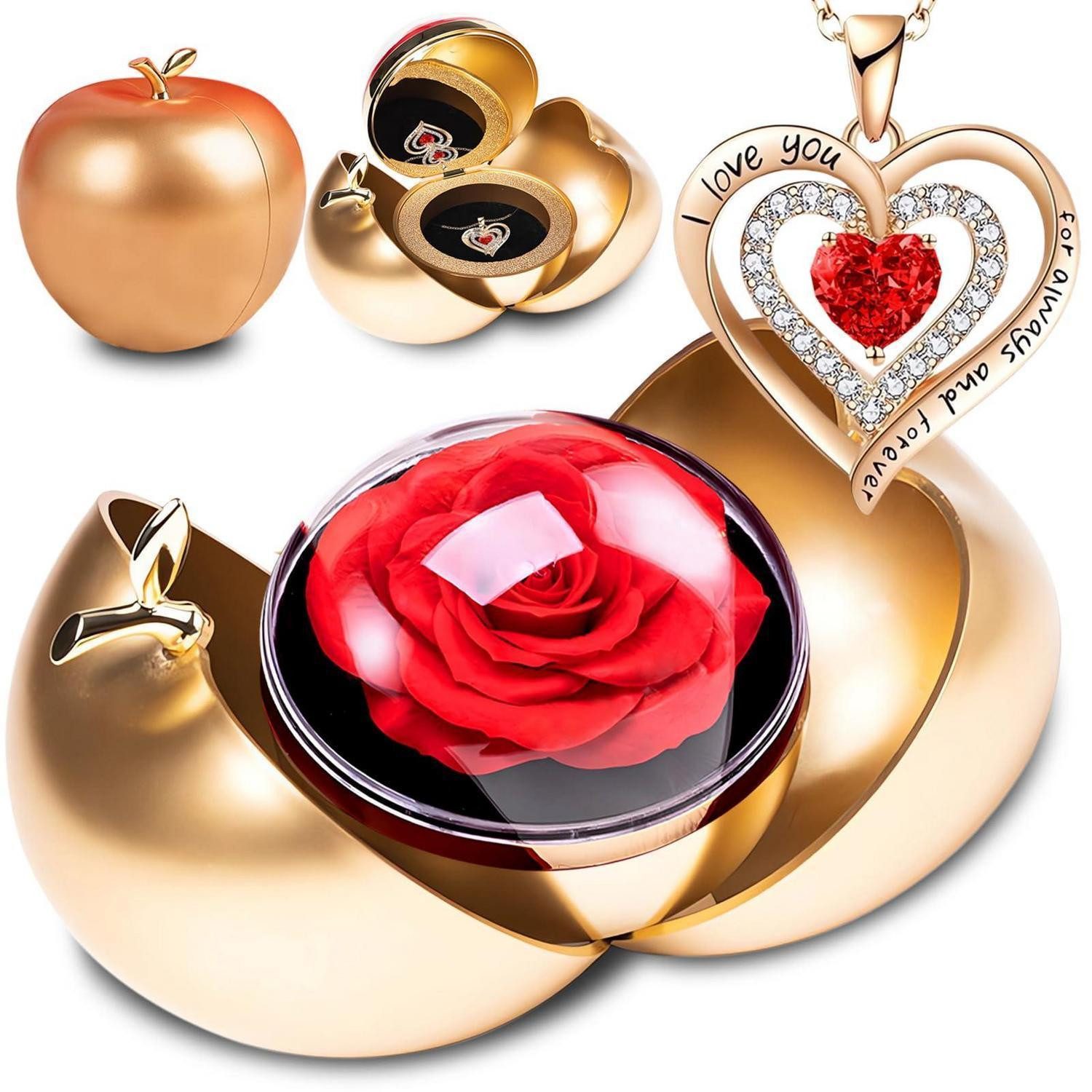 Trockenblume Rose mit Schmuckbox & Herz Collier, LuxusKollektion, Höhe 10 cm