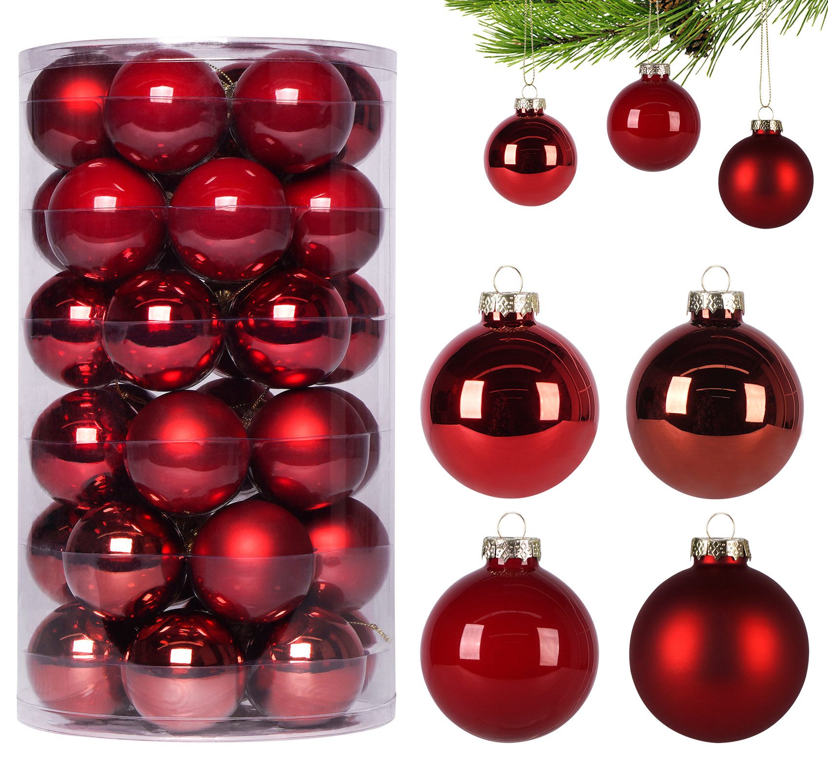 ElitVita Weihnachtsbaumkugel 36 Stück Ø 6 cm Glas Christbaumkugeln Set mit Anhänger (36 St), Christbaumschmuck für Weihnachtsbaum Dekoration