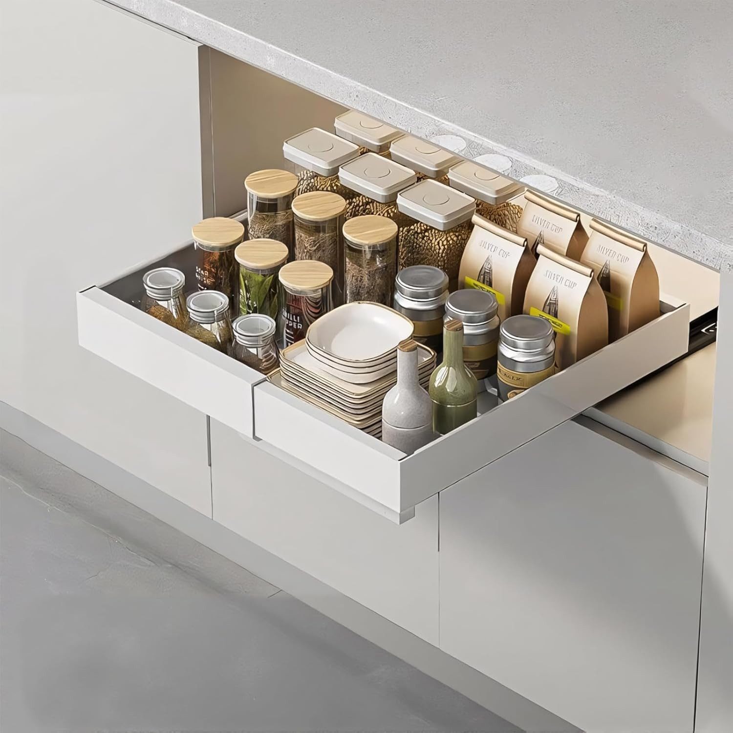 BlingBin Küchenregal Teleskopschublade für Küche, Ausziehbarer Metall Schrank Organizer, 1er Set 1-tlg., Erweiterbar Küchenschublade mit Holzgriff für Küche Unterschrank
