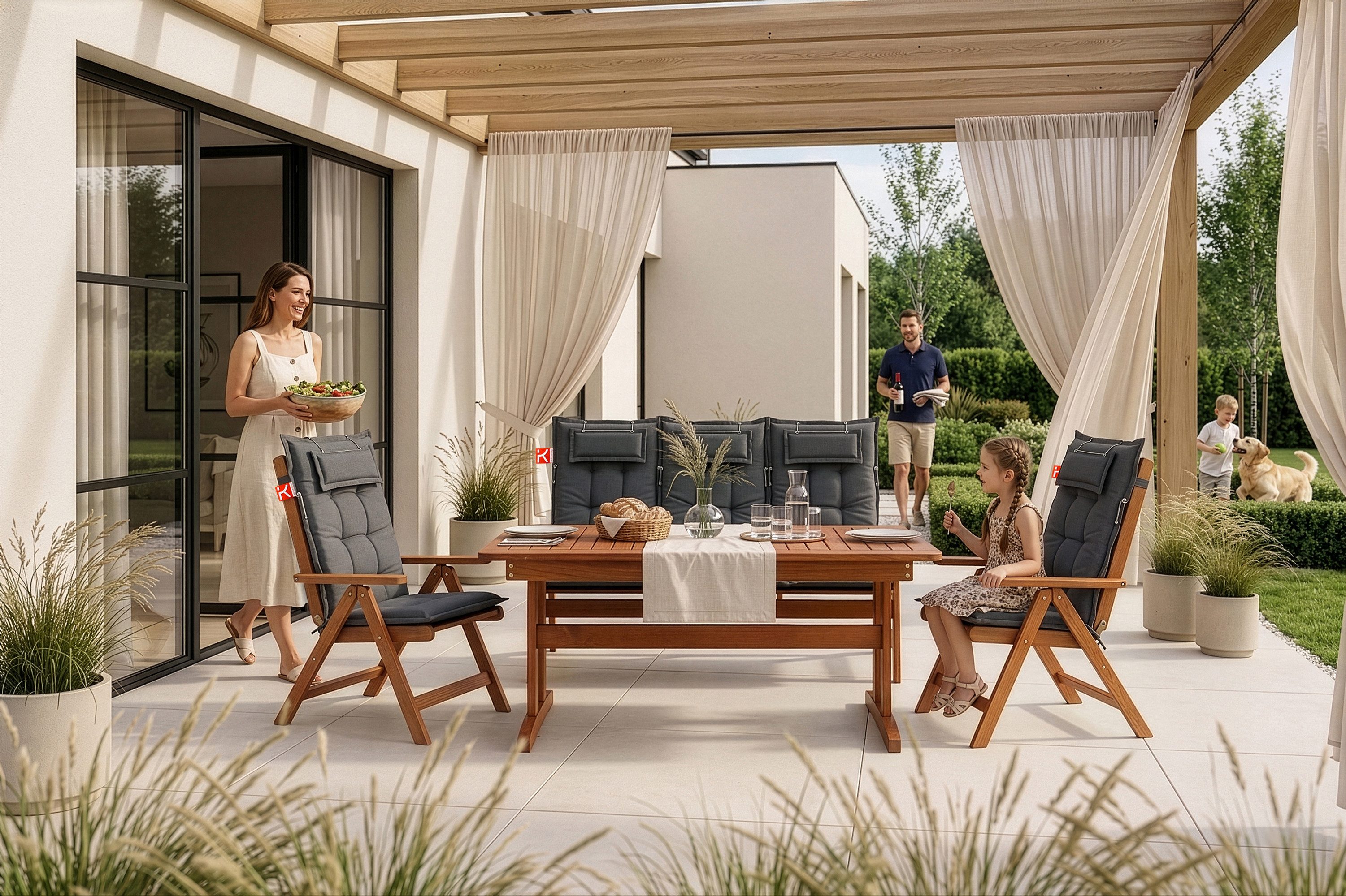 KONSIMO® Gartenbank ALCES Gartenbank Sitzbank, FSC-zertifiziert, handgefertigt (1x Sitzbank mit 3x Sitzkissen, Maße: 170x106x70 cm), hergestellt in der EU, massives Kiefernholz, 3-Sitzer