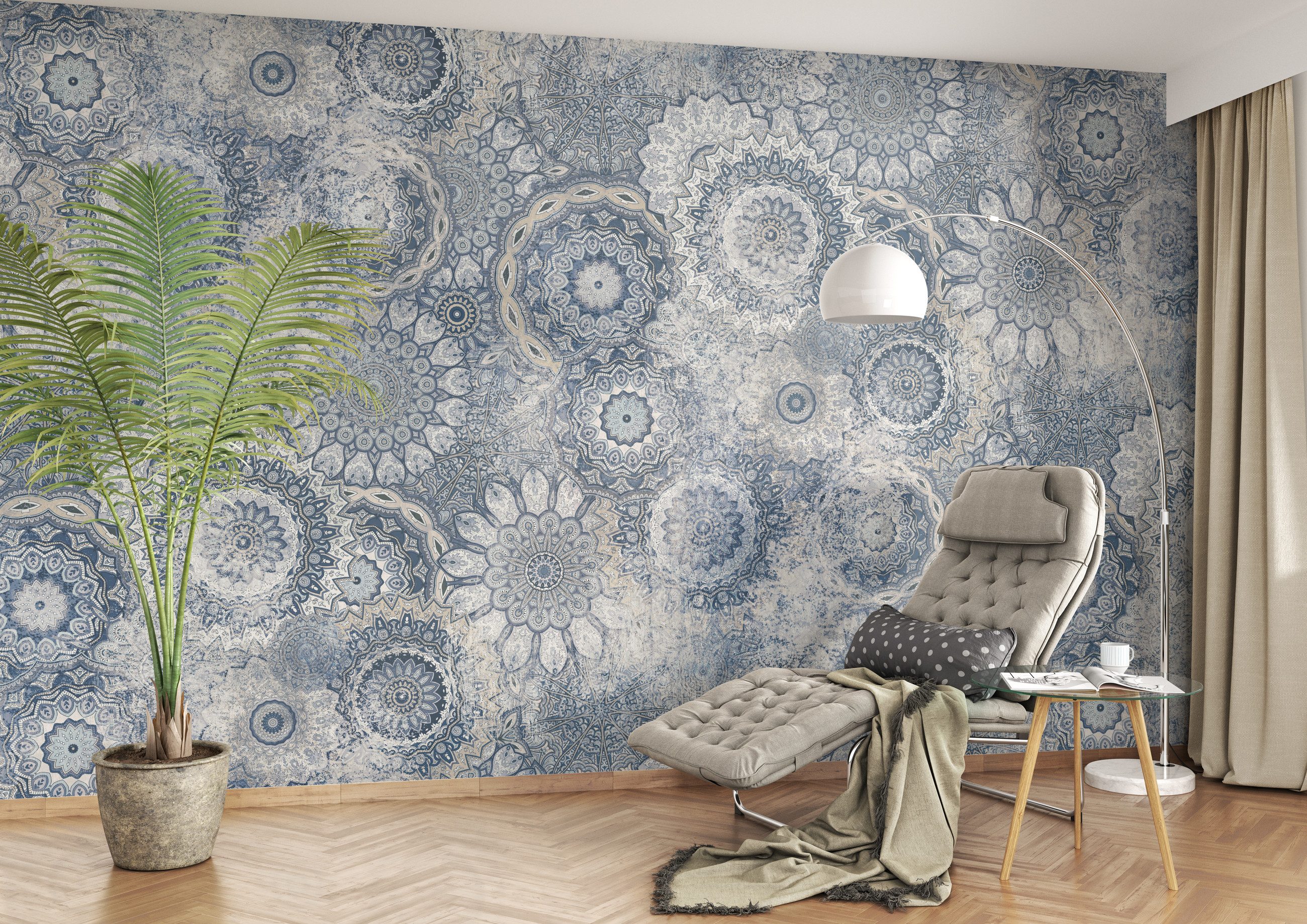 Rasch Fototapete Boho Ethno Hippie Vintage Kreise - Vliestapete Blau, bedruckt, Vintage-Optik, (1 Rolle, 1 St., Kollektion 'Magicwalls' - 2,65 m x 3,71 m), Lichtbeständige Farben - Feucht abwischbar - Restlost abziehbar