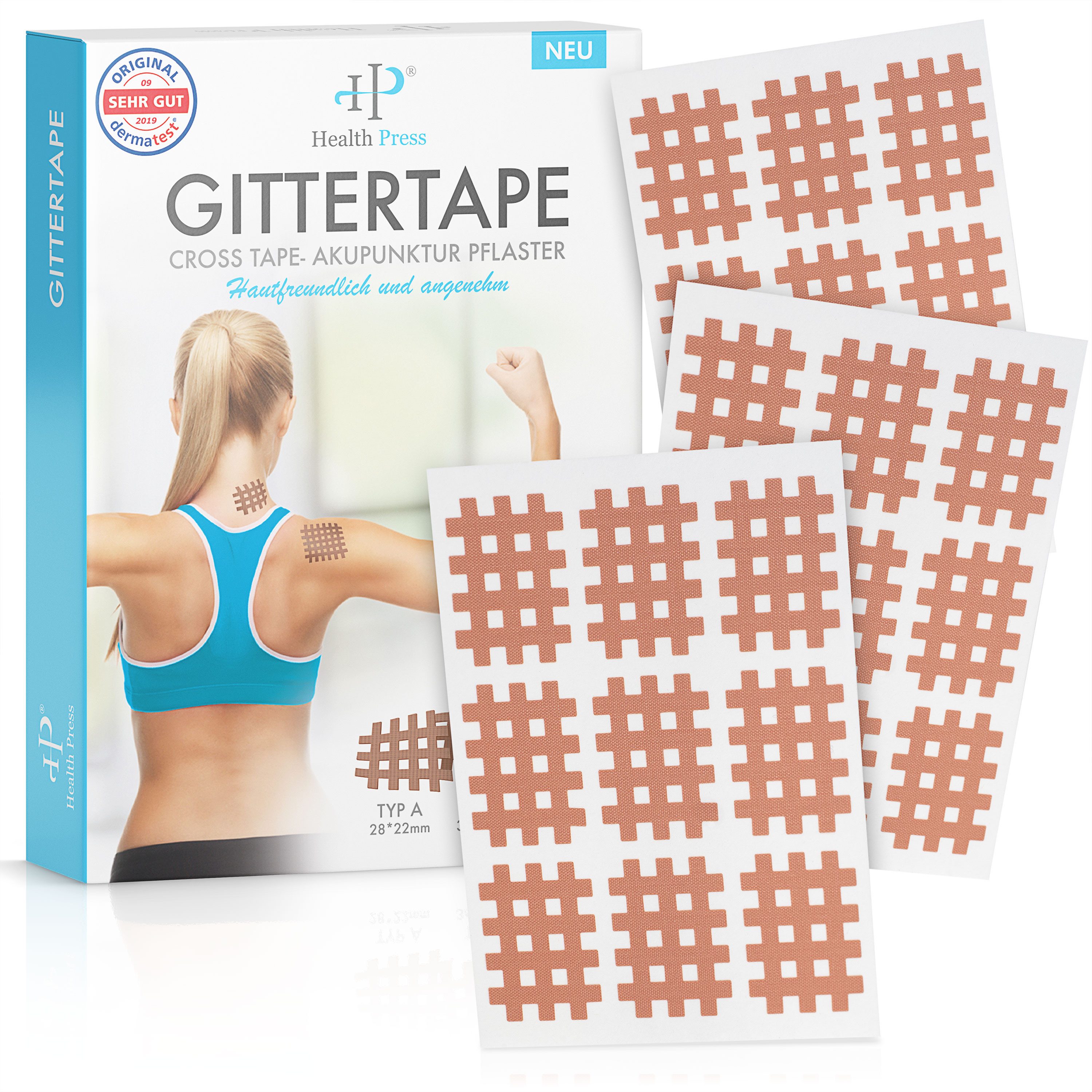 Health Press Kinesiologie-Tape Gittertape Cross Tape hautfreundliche Gitterpflaster (180-St) hohe Klebekraft, lange Haftdauer