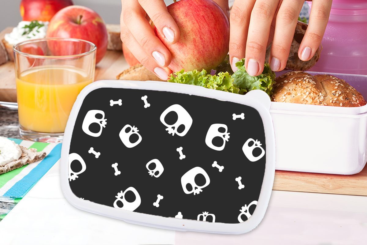 MuchoWow Lunchbox Muster Kunststoff, Knochen - für Skelett weiß Kinder Brotdose, Mädchen Schädel und - Jungs Kinder, (2-tlg), Junge Erwachsene, Kinder - - - und Brotbox für 