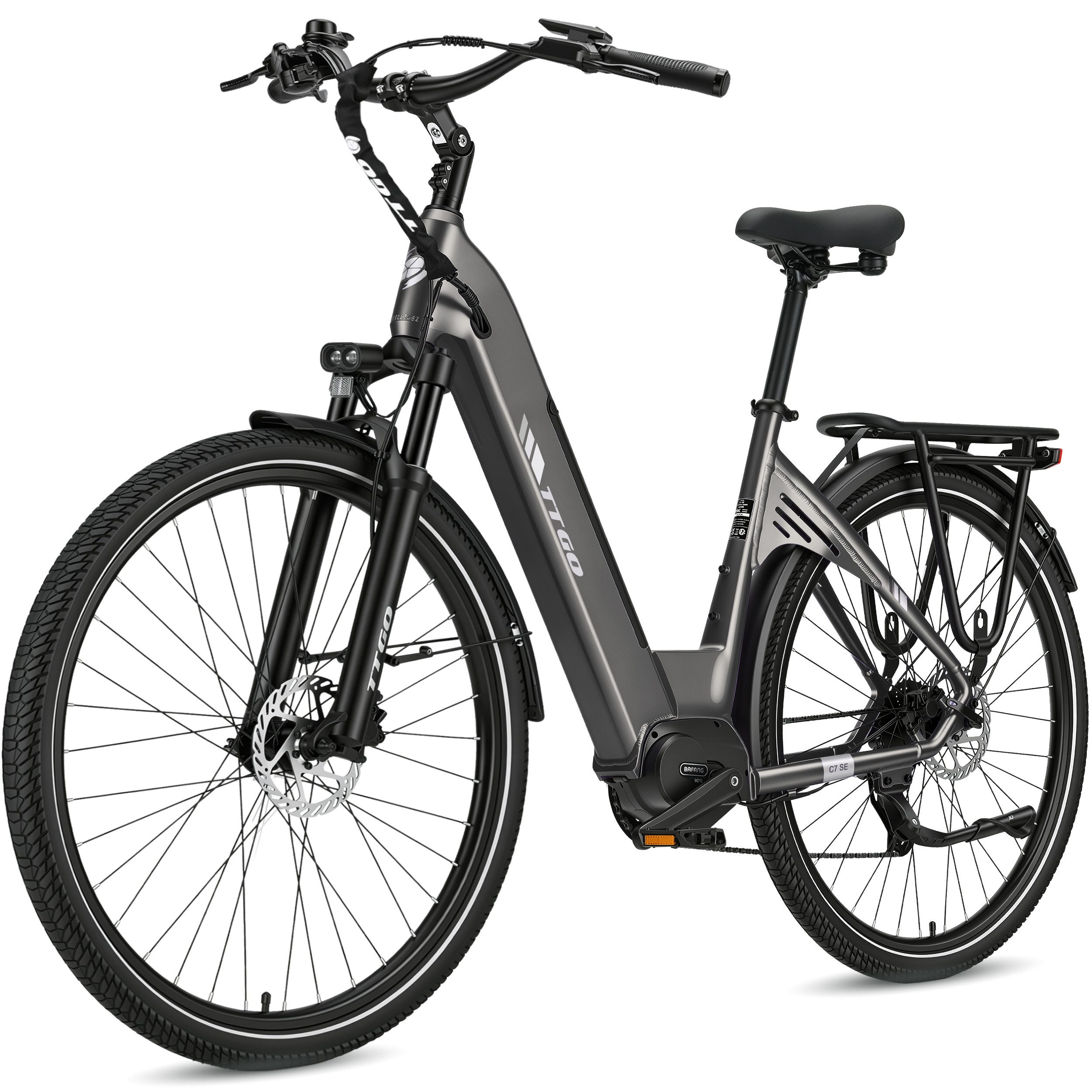 TTGO E-Bike Cityrad 28 Zoll, 75Nm Mittelmotor, 650Wh bis zu 140km, Lockout-Federgabel, 9 Gang Shimano, Kettenschaltung, Mittelmotor, 650 Wh, (Pedelec, Farb-LCD-Display, Hydr. Scheibenbremse, Tiefeinstieg), C7 SE, Drehmomentsensor, Elektrofahrrad für Damen und Herren