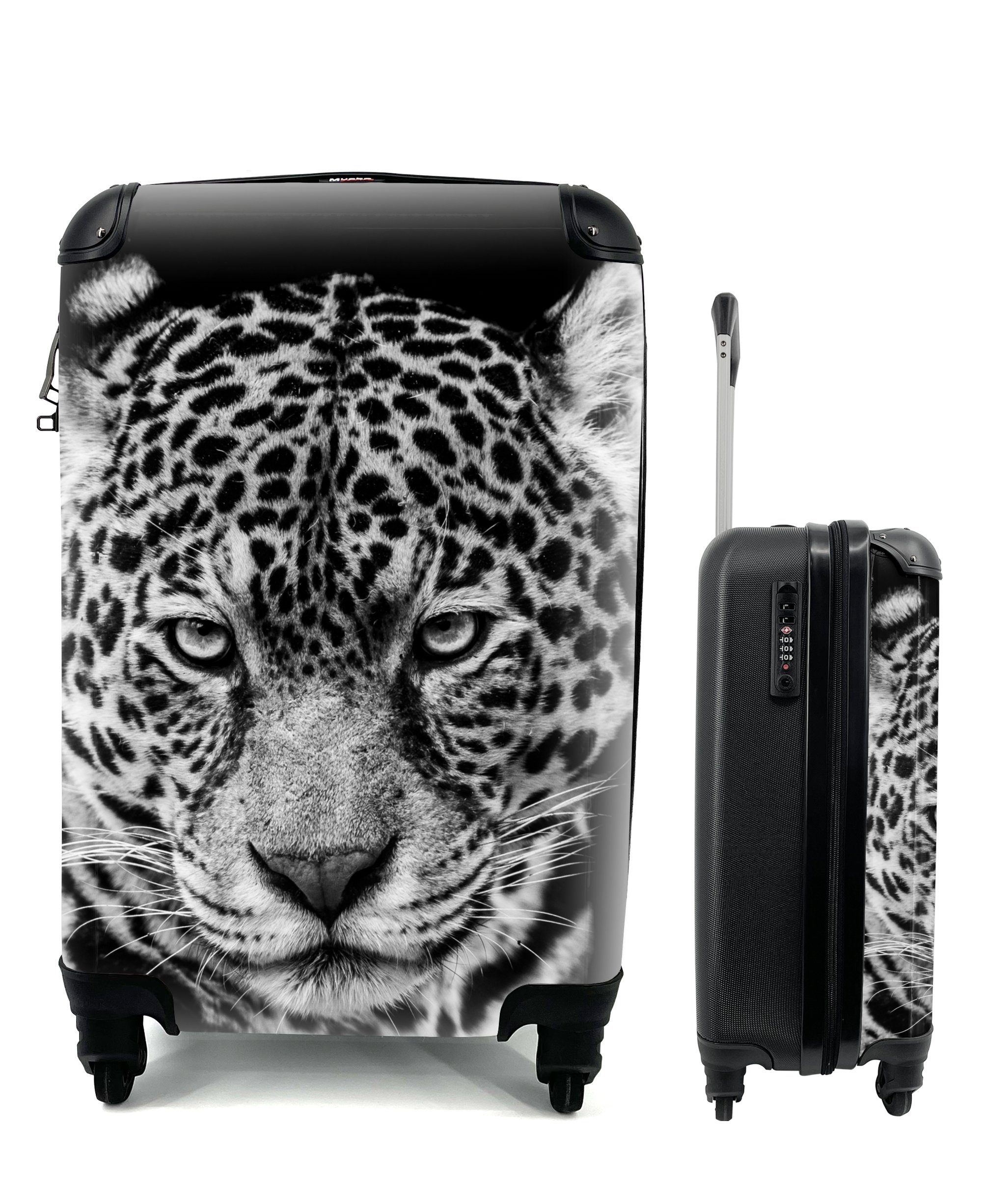 Reisetasche Weiß - Handgepäck Schwarz 4 Reisekoffer Tiere - Rollen, - Trolley, mit rollen, für MuchoWow Ferien, Leopard Handgepäckkoffer - Porträt,