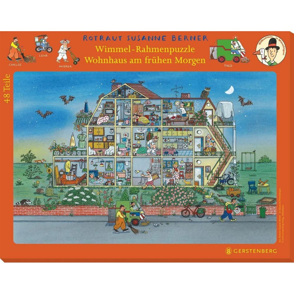 Gerstenberg Verlag Puzzle Wimmel-Rahmenpuzzle Zu Hause in Wimmlingen Motiv Morgendämmerung, Puzzleteile