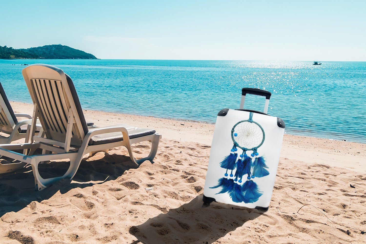 MuchoWow Handgepäckkoffer Hintergrund, mit für einem Rollen, Traumfänger Reisetasche Handgepäck Ferien, Ein rollen, weißen 4 Trolley, vor Reisekoffer blauer