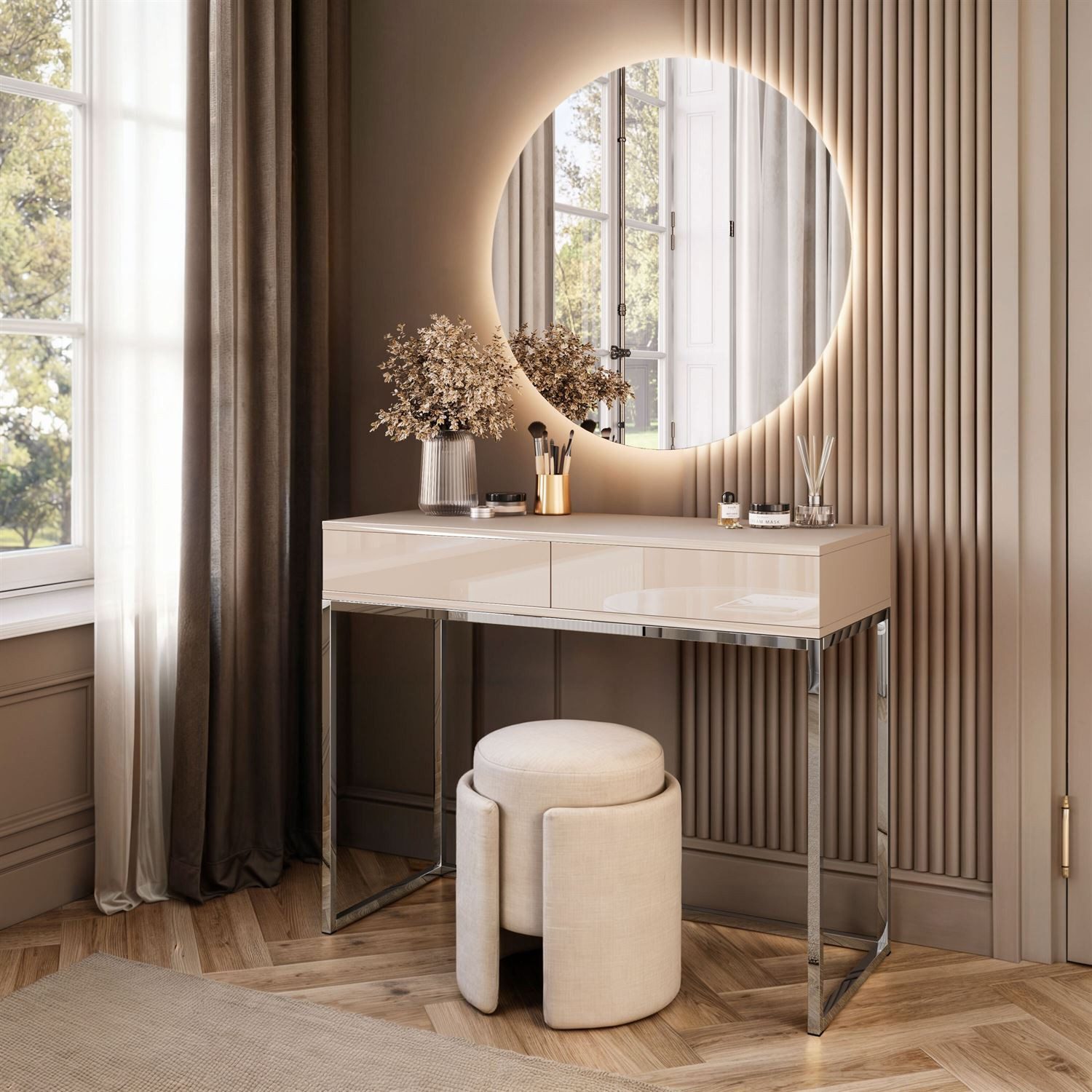 Lookway Schminktisch BLANCO GLAMOUR KASZMIR mit verchromtem Gestell und LED-Spiegel (1x Konsole, 1x Spiegel mit Led Beleuchtung), Breite: 100 cm