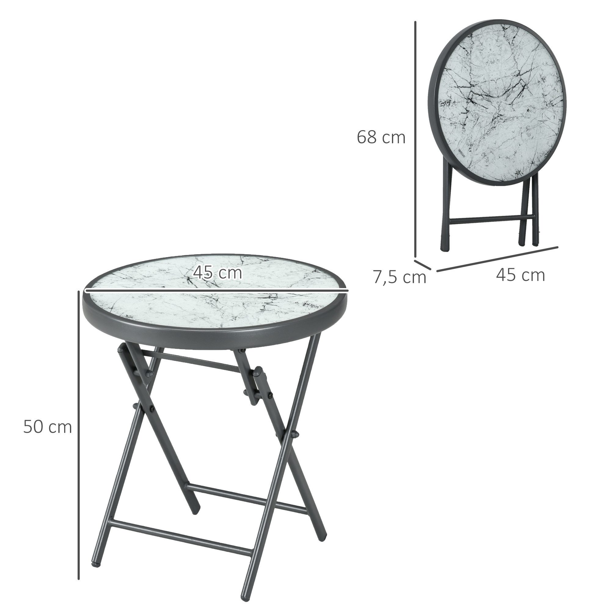 Outsunny Gartentisch klappbar, aus Glas mit Marmoroptik, rund (Klapptisch, 1-St., Beistelltisch), für Balkon Terrasse Wohnzimmer Büro, 45 x 45 x 50 cm, Weiß