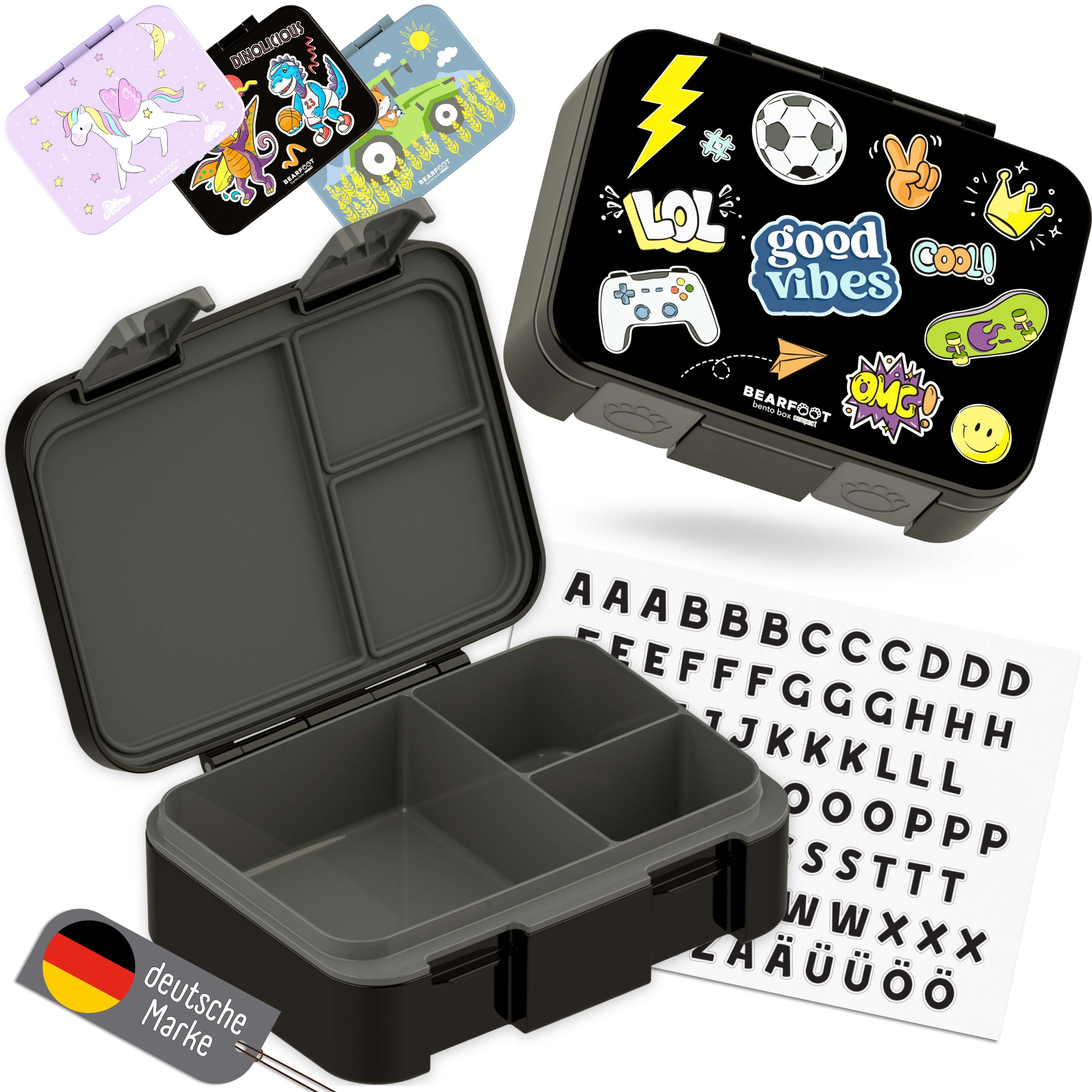 BEARFOOT Lunchbox Brotdose mit Fächern, auslaufsicher - Sticker schwarz 650ml, PP, ABS, Silikon, Kindergarten und Schule - Mädchen und Jungen, Vesperbox, Snackbox