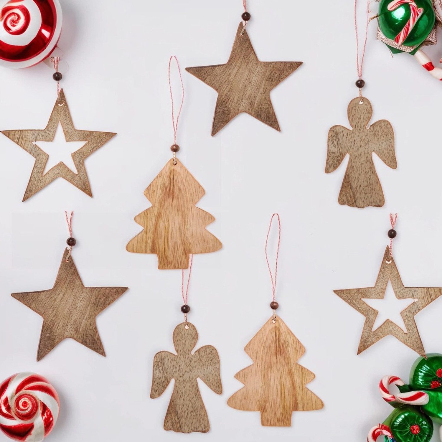 Marrakesch Orient & Mediterran Interior Christbaumschmuck 8er-Set Weihnachtsanhänger, handgefertigt aus Mangoholz in Braun 10 cm (8-tlg), Handarbeit