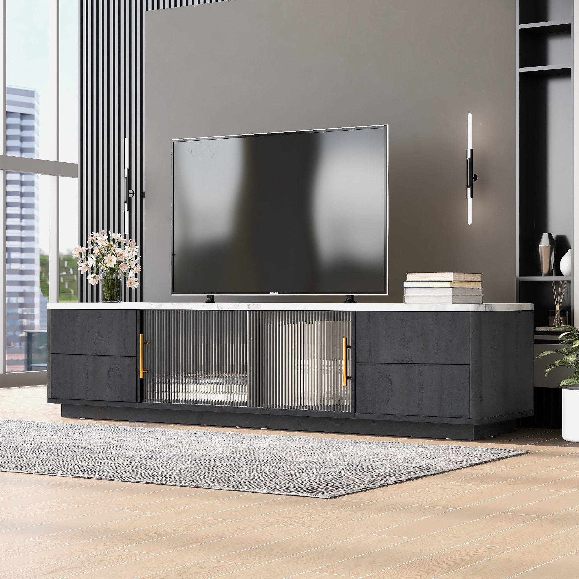 BlingBin TV-Schrank TV Stand Schubladen) Push-to-Open-Funktion, Kabelführungslöcher (1-St., marmorierte Tischplatte, Kabelmanagement, 4 Lowboard