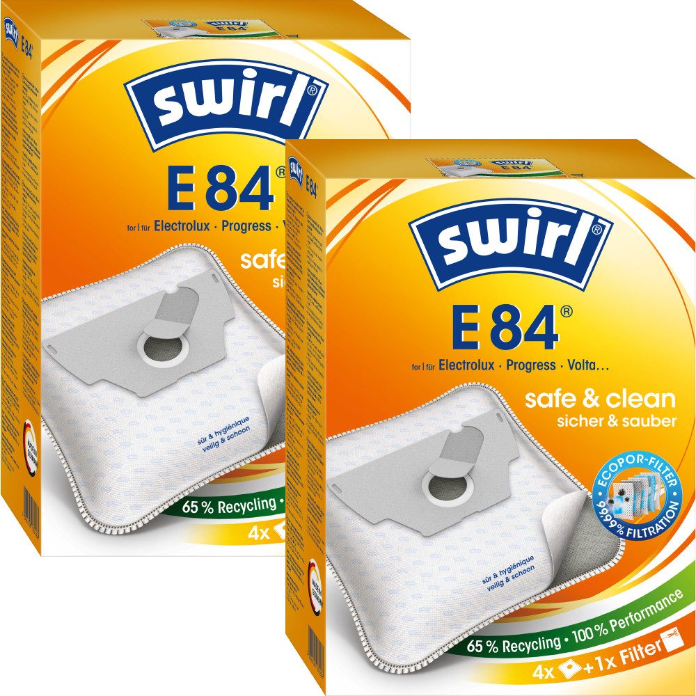 Swirl Staubsaugerbeutel Swirl E84 E 84, passend für Electrolux Progress Volta Staubsauger, inkl. 2 Filter - zuschneidbar, 8 St., Optimale Passform, EcoPor Qualität für lange Nutzungsdauer