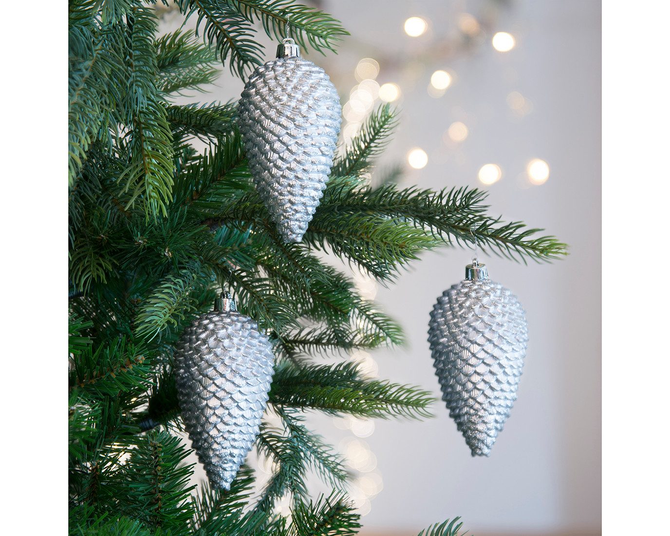 Kaemingk Christbaumschmuck, Christbaumschmuck Zapfen 12cm Kunststoff 4 Stück - Silber