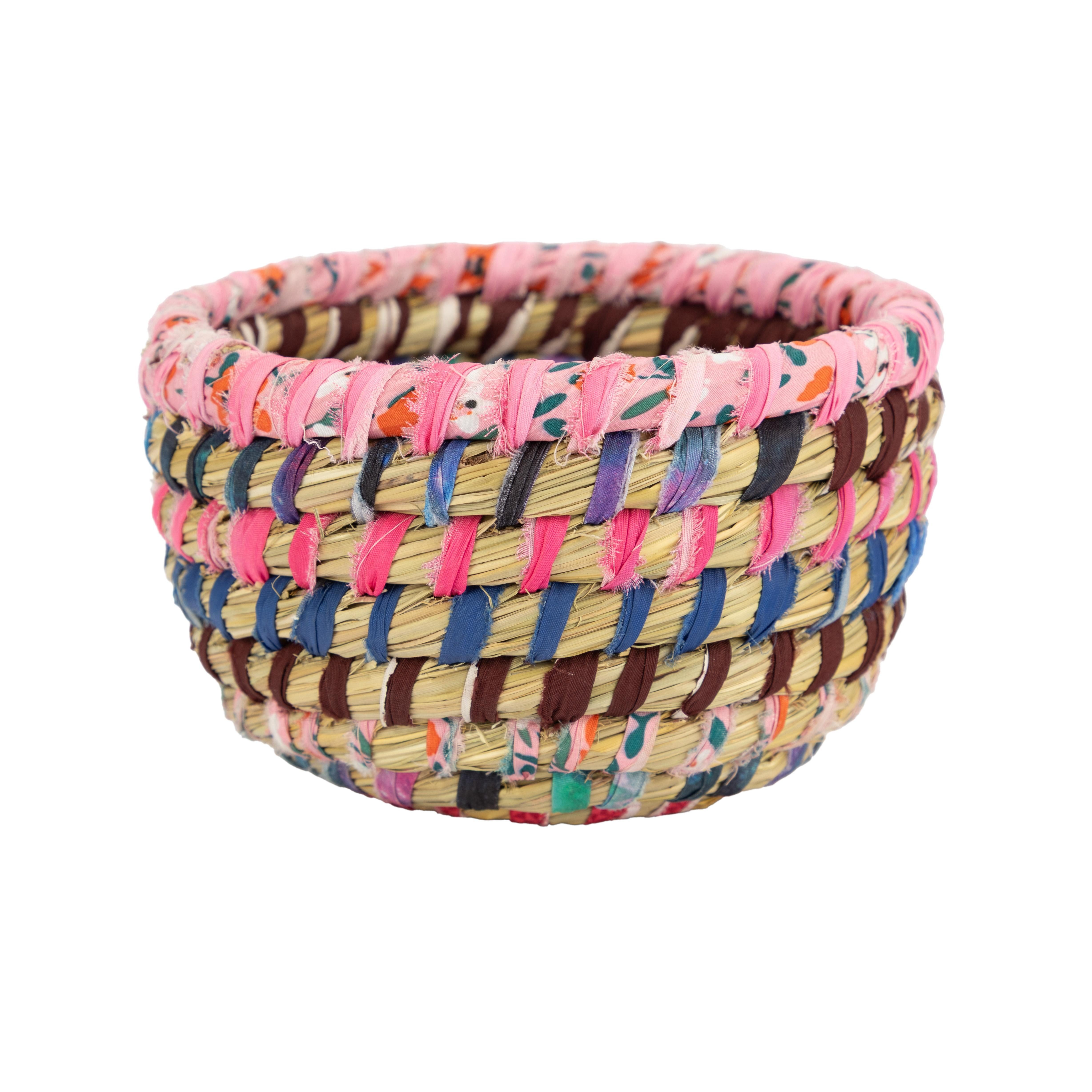 El Puente Schale "Pastell" Korbschale aus Kaisa-Gras und Sari-Stoff, Handmade, Gras / Blatt/Textil, Handmade