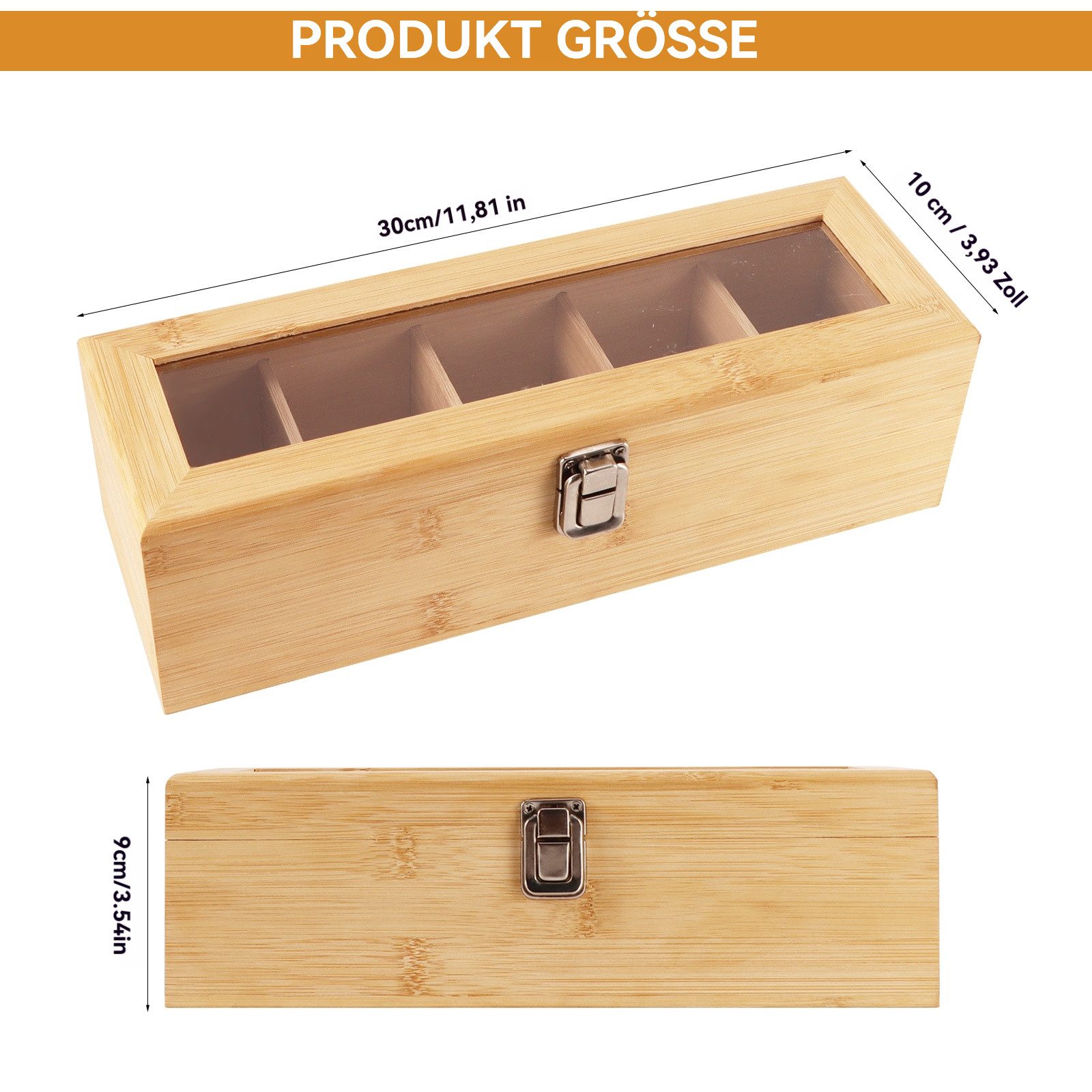 BlingBin Teebox Bambus Teeboxen,Teebeutel Organizer mit 5 Fächer, Bambus, (1 Stück, 1-tlg., 30x10x9 cm,Tee Aufbewahrungsbox mit Durchsichtiger Deckel), mit 4 Verstellbaren Unterteilungen für Teebeutel, Zucker, Kaffeepads