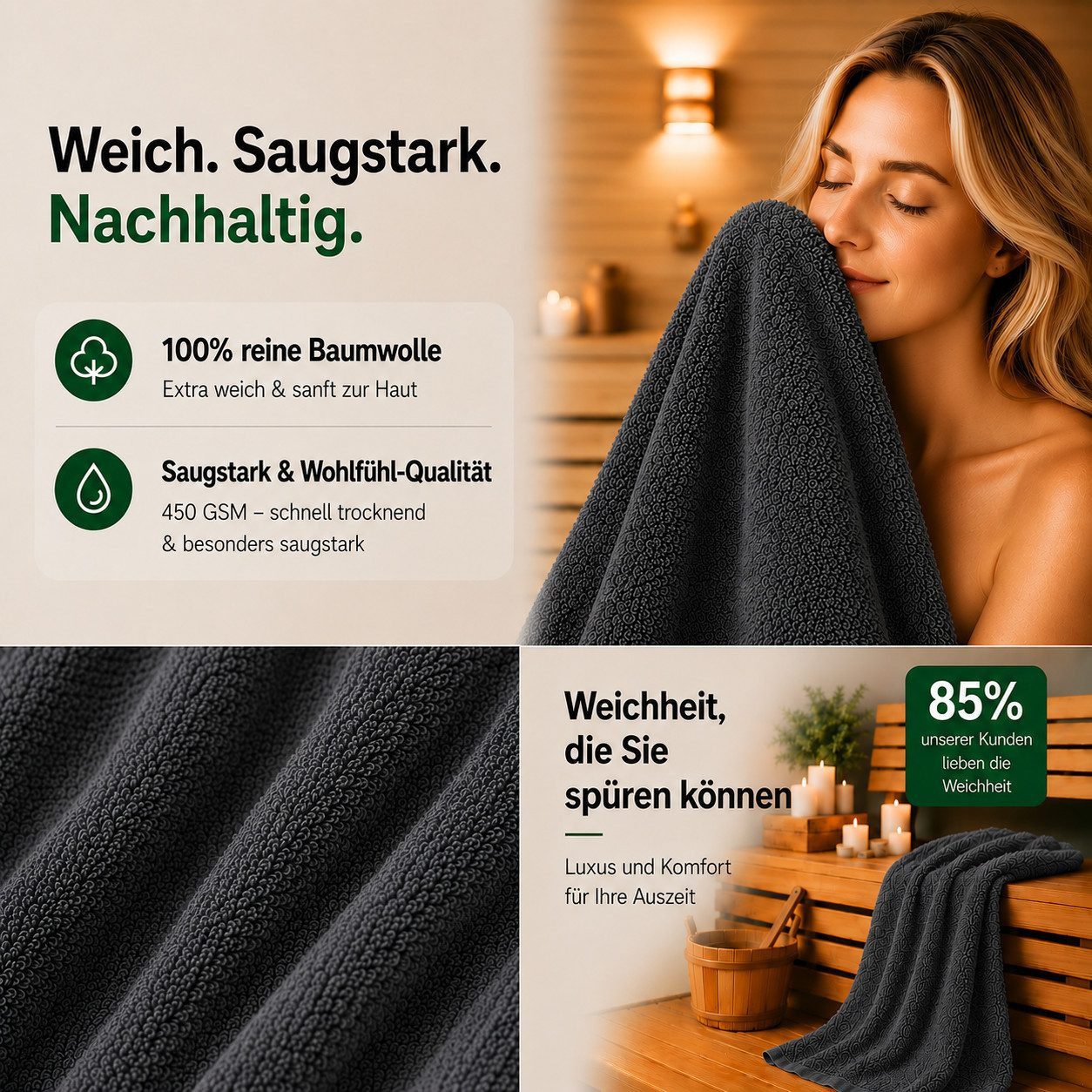 Komfortec Saunatuch 2er Set extra Große - Premium Badetuch - 80x200 XXL, Frottee (2-St), extra Große, 100% Baumwolle, Weich, Schnelltrocknend – Bild 5 von 5