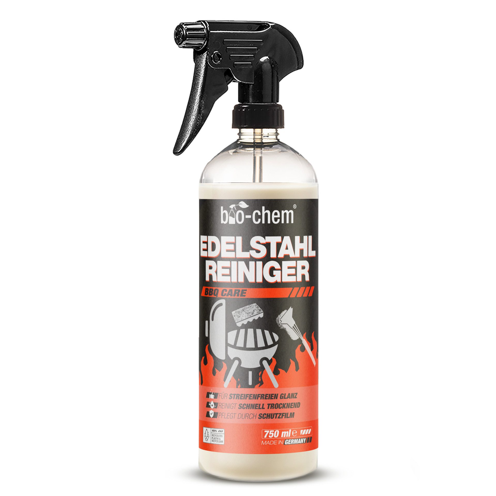 bio-chem Edelstahl-Pflege Edelstahlreiniger (Einzelprodukt, [- Edelstahlreiniger 0.75 l Handsprayflasche Streifenfreier Glanz & Schutzfilm)