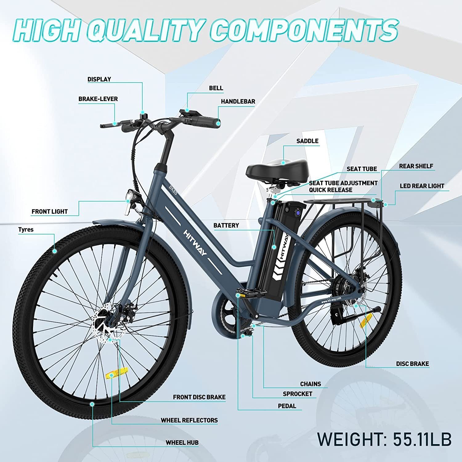 für Heckmotor, 36V E-Bike Pumpe/Fahrradschloss 25km/h,35-70KM, Damen blau*2 Zoll 26 E-Fahrrad Batterieladegerät/ Herren 8.4AH HITWAY