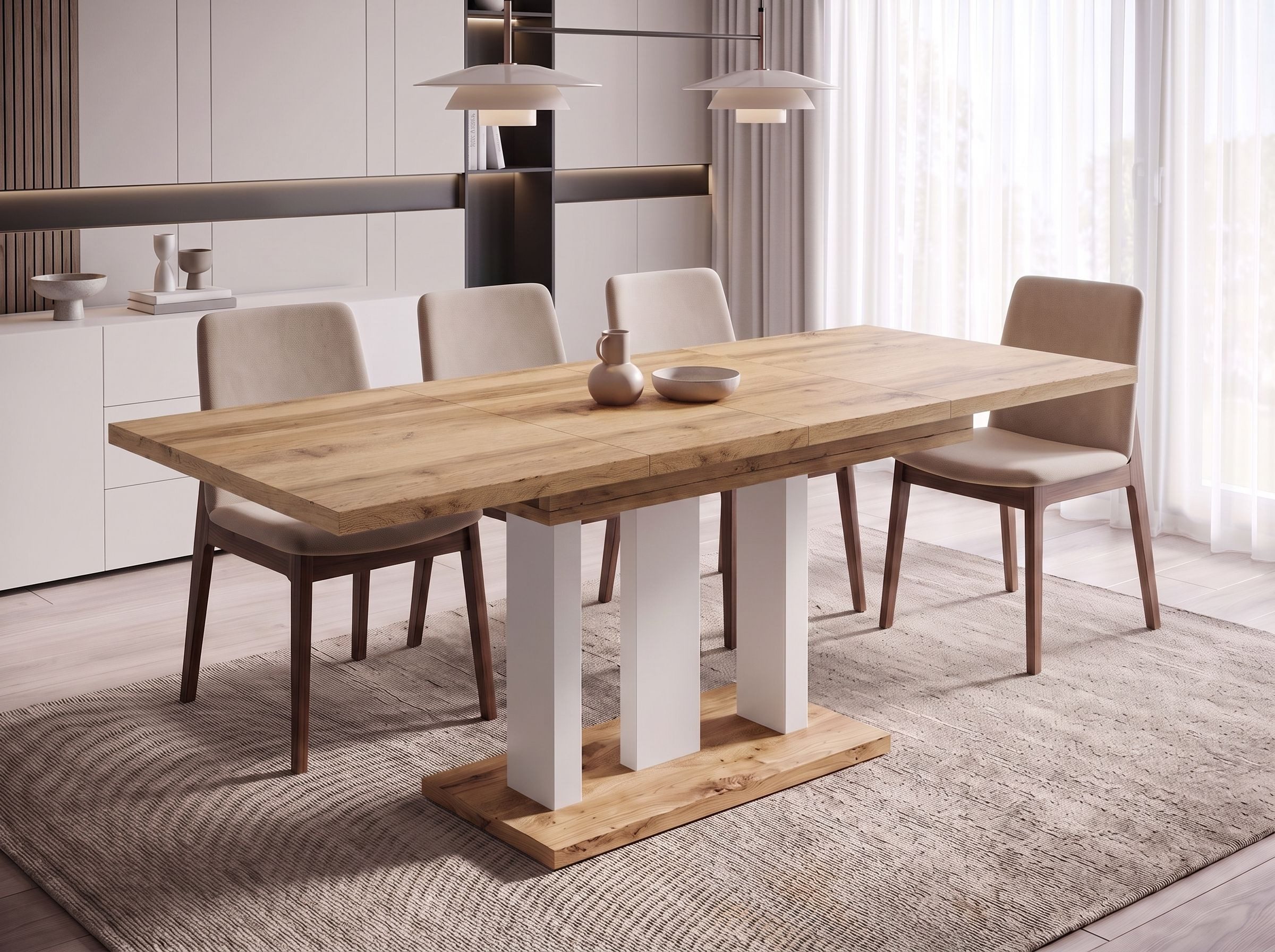 Endo-Moebel Säulen-Esstisch "Appia White" 130-210cm ausziehbar, erweiterbar, modern (1 Tisch), 2 Erweiterungsplatten, für 4, 6 oder 8 Personen, weiße Beine
