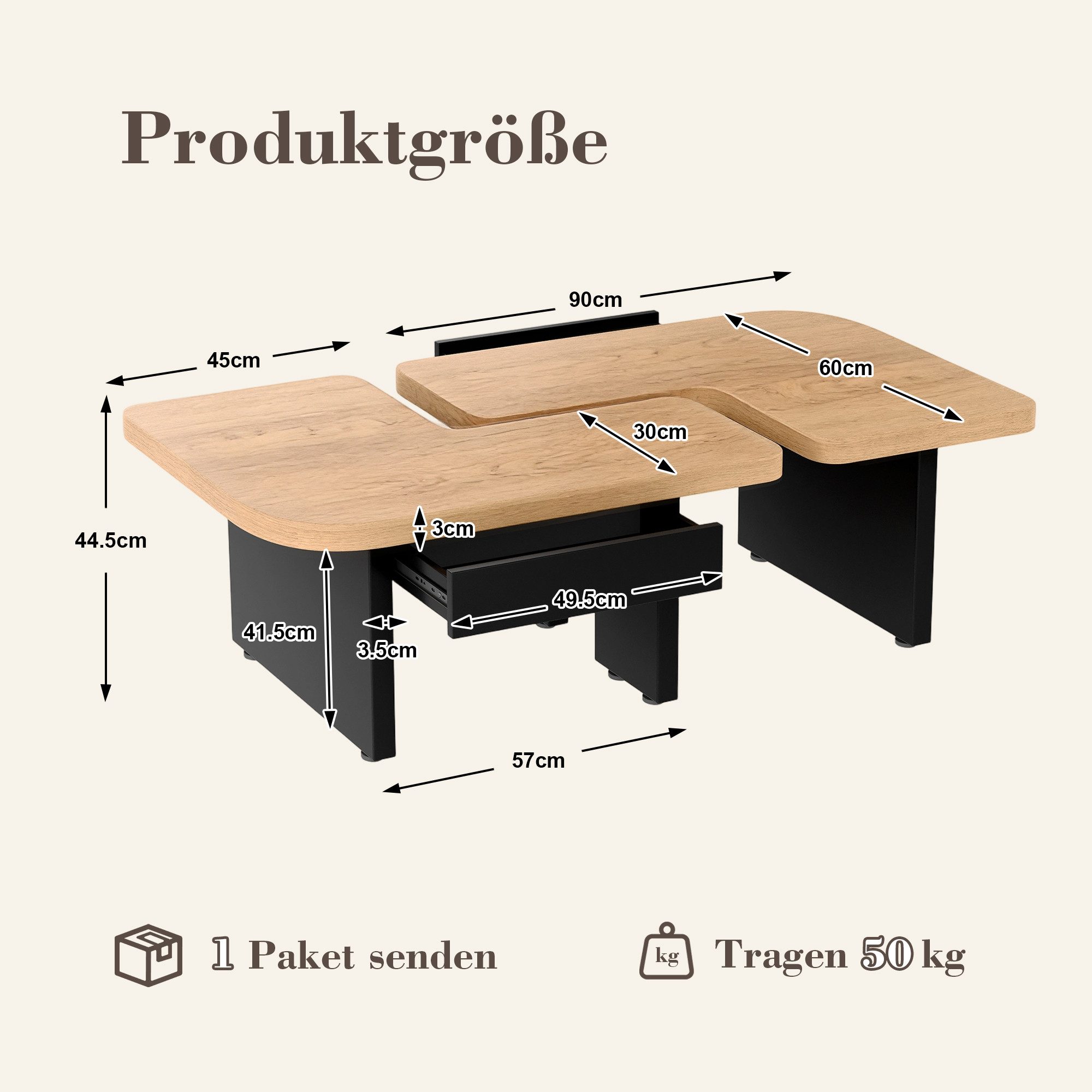 KLAM HOME Couchtisch Beistelltisch Sofatisch mit LED-Design aus umweltfreundlichem Holz (2-in-1-Design, beliebige Kombination, Design in natürlicher Holzfarbe), 2 Schubladen, weiche Rundungen, höhenverstellbare Füße