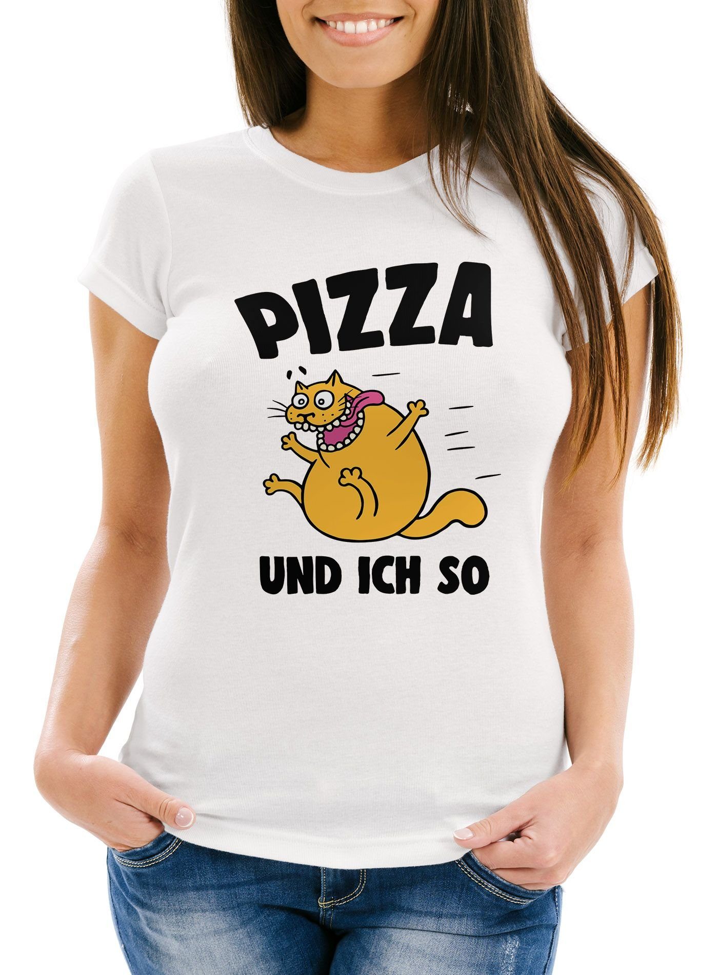 Print-Shirt Lustiges Damen T-Shirt Pizza-Motiv und ich so Fun-Shirt Moonworks®