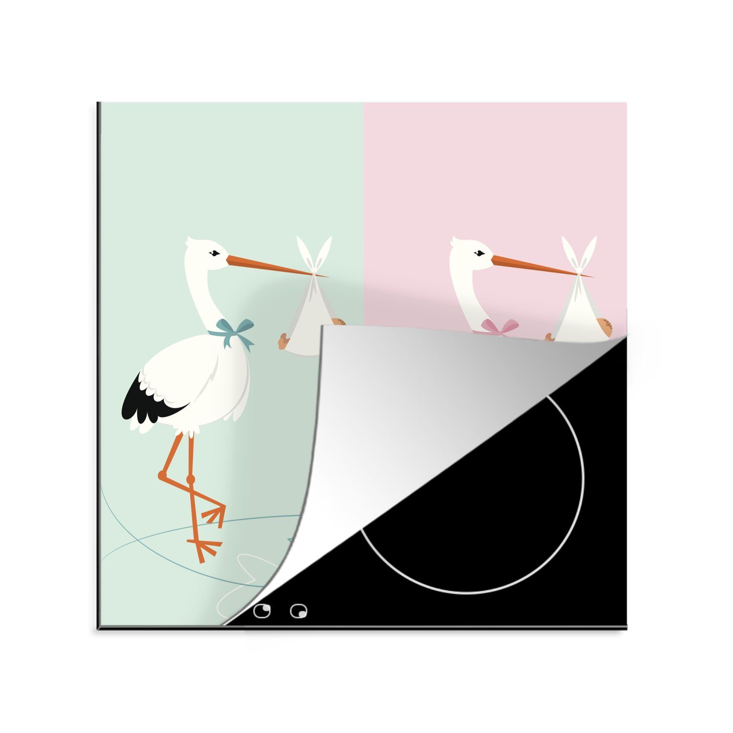 MuchoWow Herdblende-/Abdeckplatte Kinder-Illustration von zwei Störchen und Babys vor einem rosa und, Vinyl, (1 tlg), 78x78 cm, Ceranfeldabdeckung, Arbeitsplatte für küche