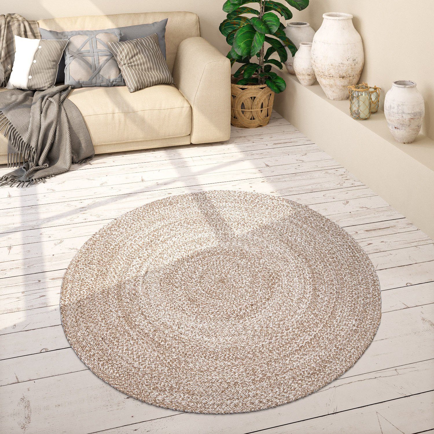 Paco Home Teppich Viborg 595, rund, Höhe: 13 mm, Jute, Modern, Boho, Handgefertigter Natur-Teppich