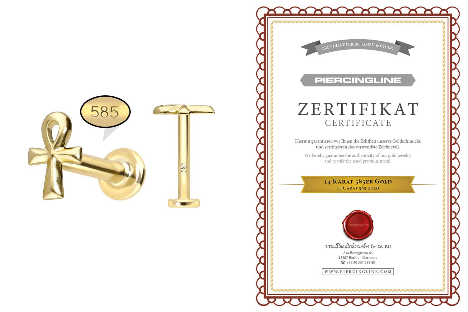 PIERCINGLINE Piercing-Set 14 Karat Gold Labret mit Push Fit ÄGYPTISCHES KREUZ (Labrets, 1-tlg)