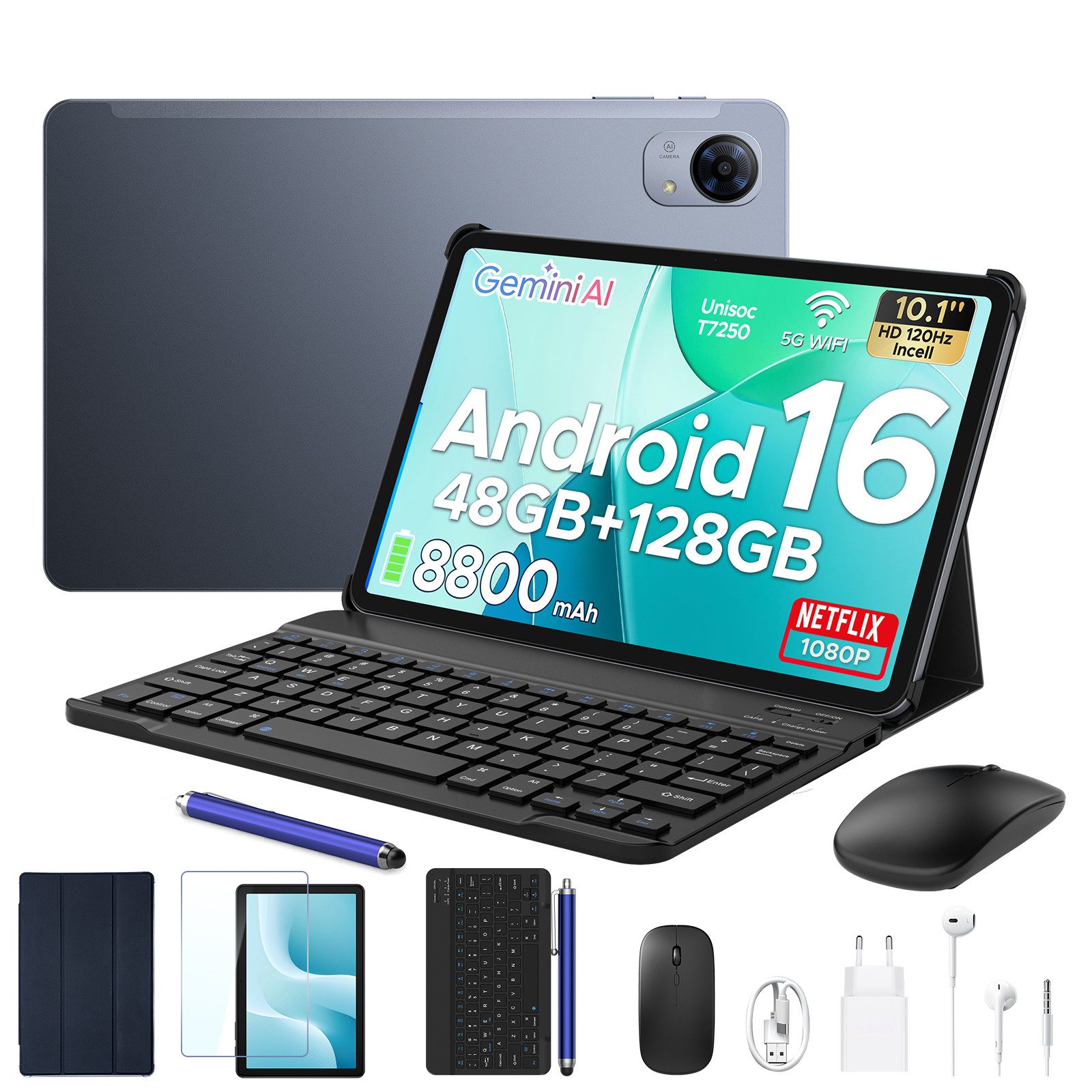 POCKAM P10 10 Zoll Android 16 Tablet mit Tastatur, 128GB ROM, 8800mAh, 120Hz Tablet (10", 128 GB, Android 16, WIFI, 8 GB, Android 16, 13 MP, Gemini AI, 5G WiFi/Widevine L1/GPS/Face ID)