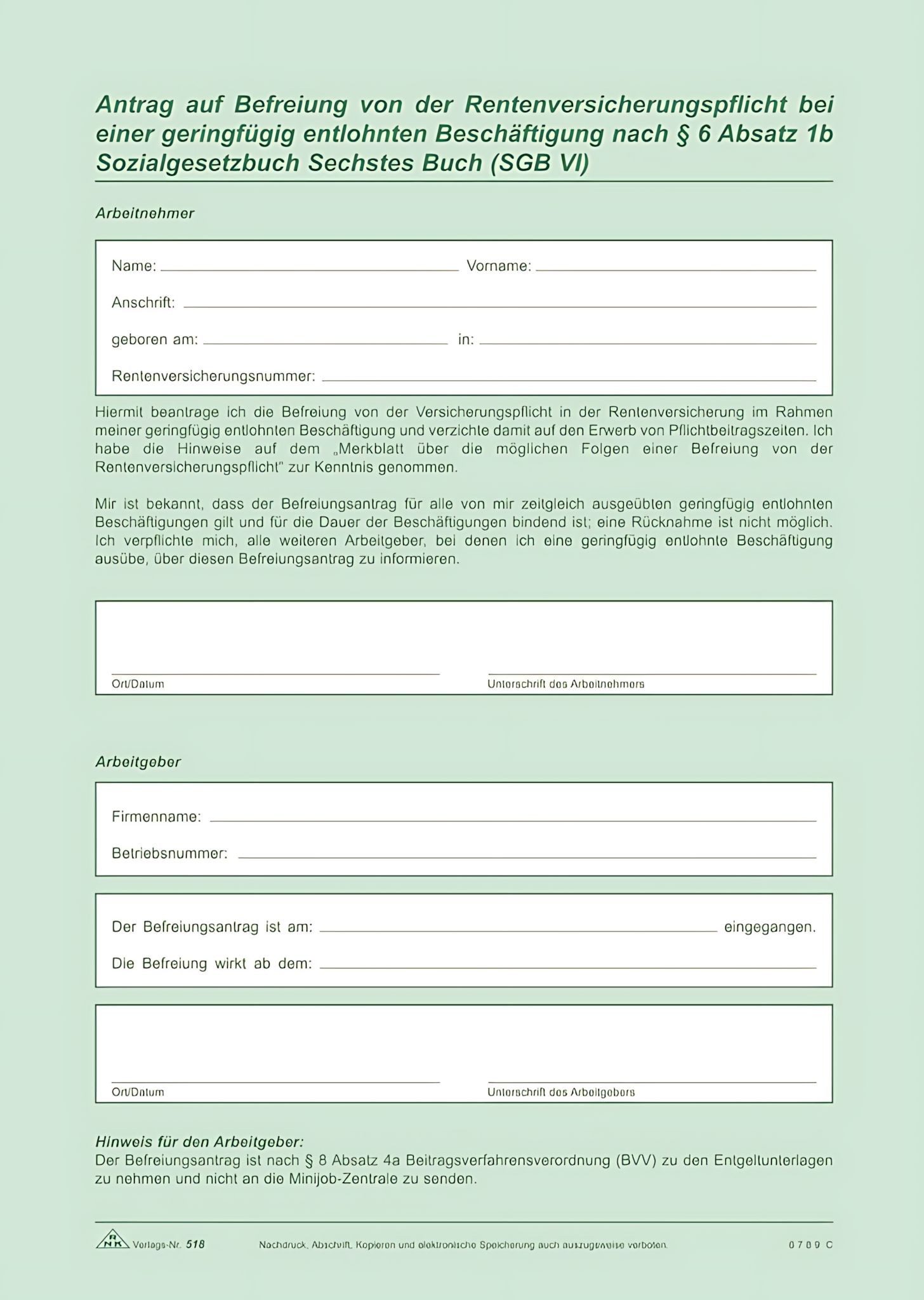 RNK Formularblock RNK Arbeitsvertrag geringfügig Beschäftigte - SD, 2x2 Blatt +