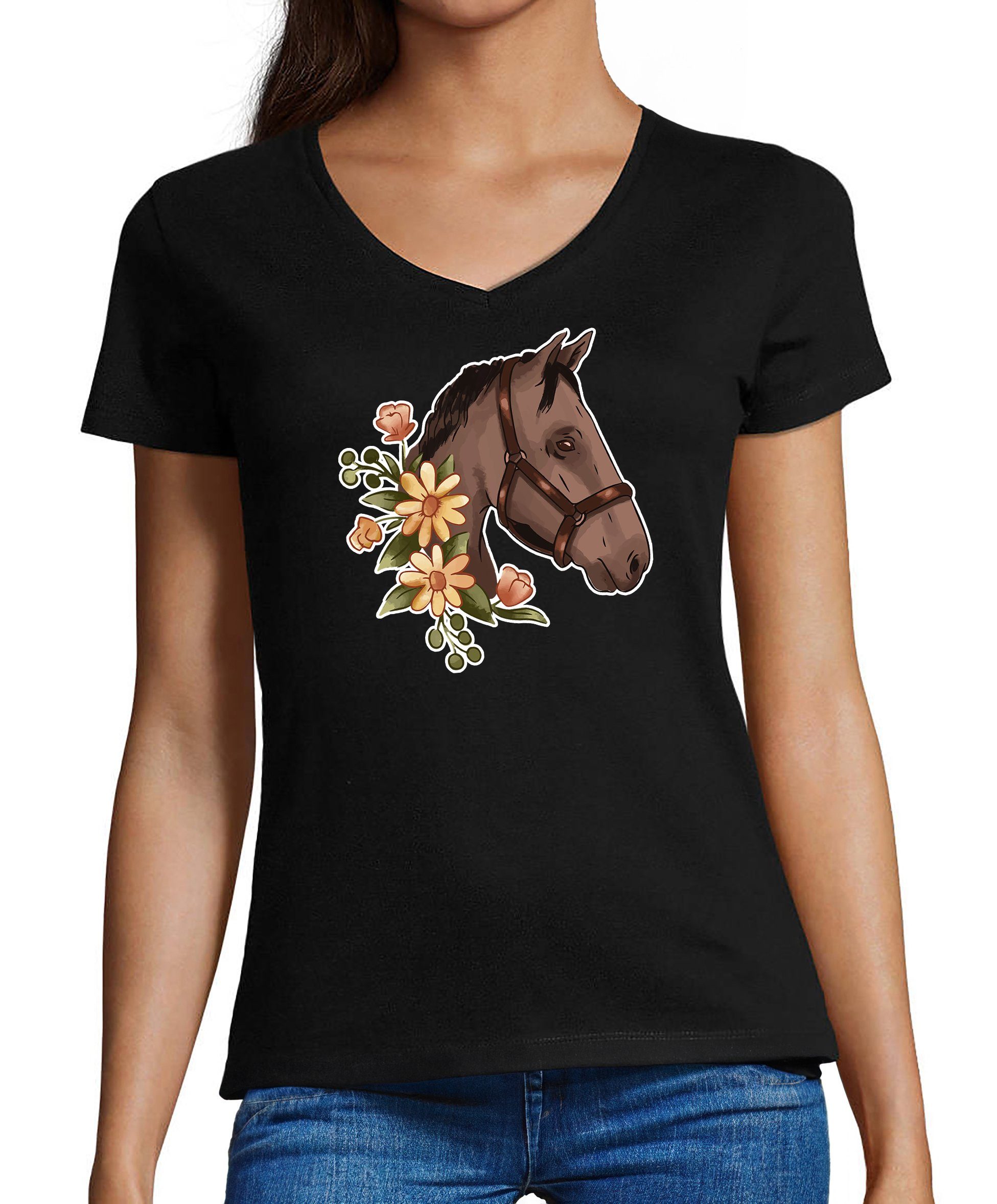 MyDesign24 T-Shirt Damen Pferde Print Shirt - Dunkelbraunes Pferd mit Blumenkranz V-Ausschnitt Baumwollshirt mit Aufdruck Slim Fit, i180