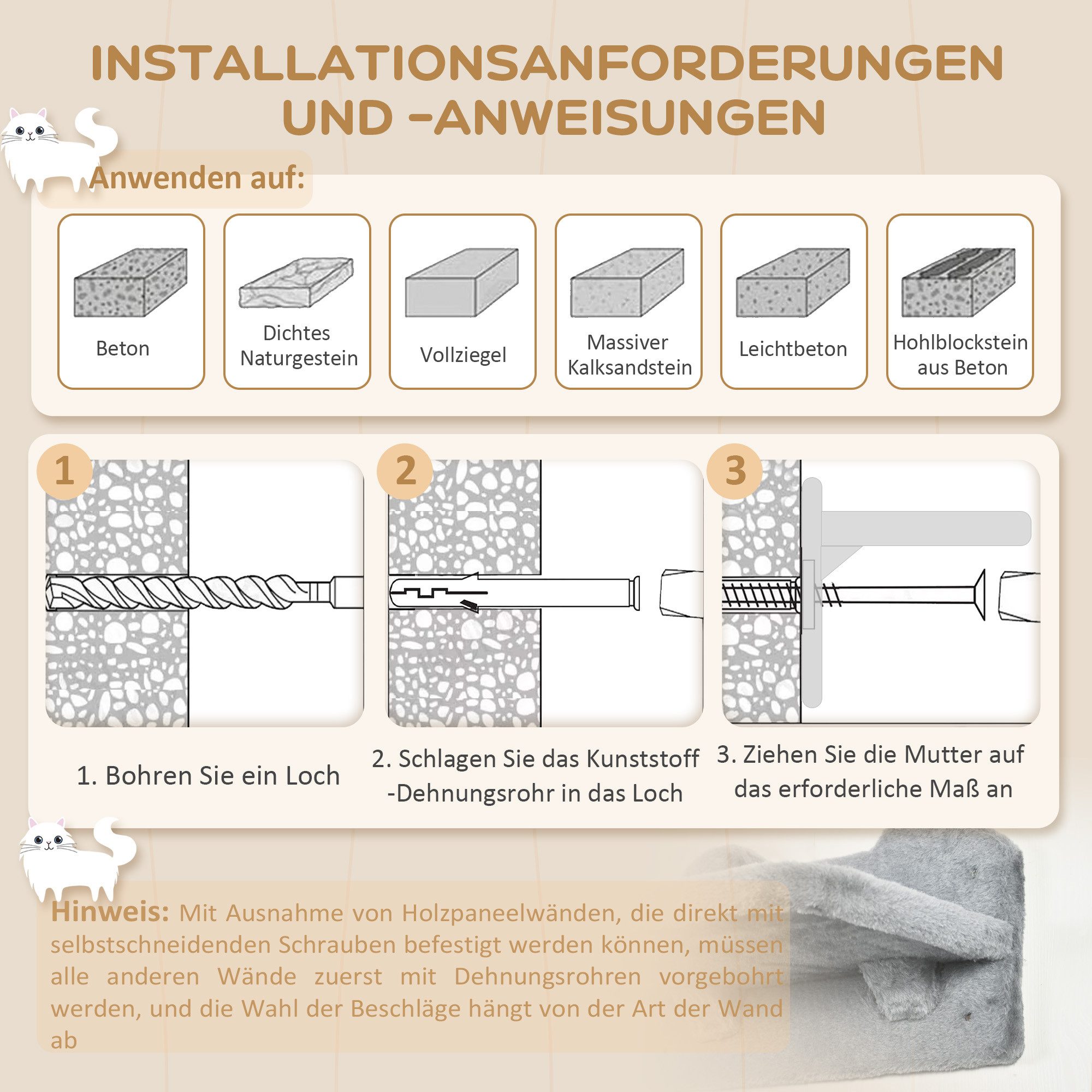 PawHut Katzen-Kletterwand 4 tlg. mit Kaztentreppe, Hängematte, Sprungplatt, Wandkratzbaum, für Katzen bis 5 kg, Polyester, grau
