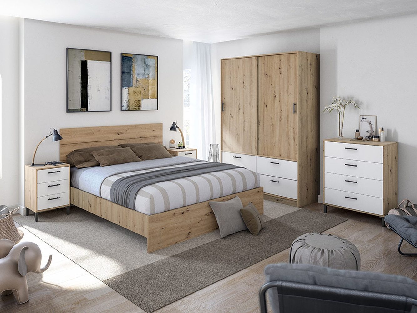 freiraum Schlafzimmer-Set ENZO, in Nodi Eiche/Artik Weiß - 140x200x60 (BxHxT)