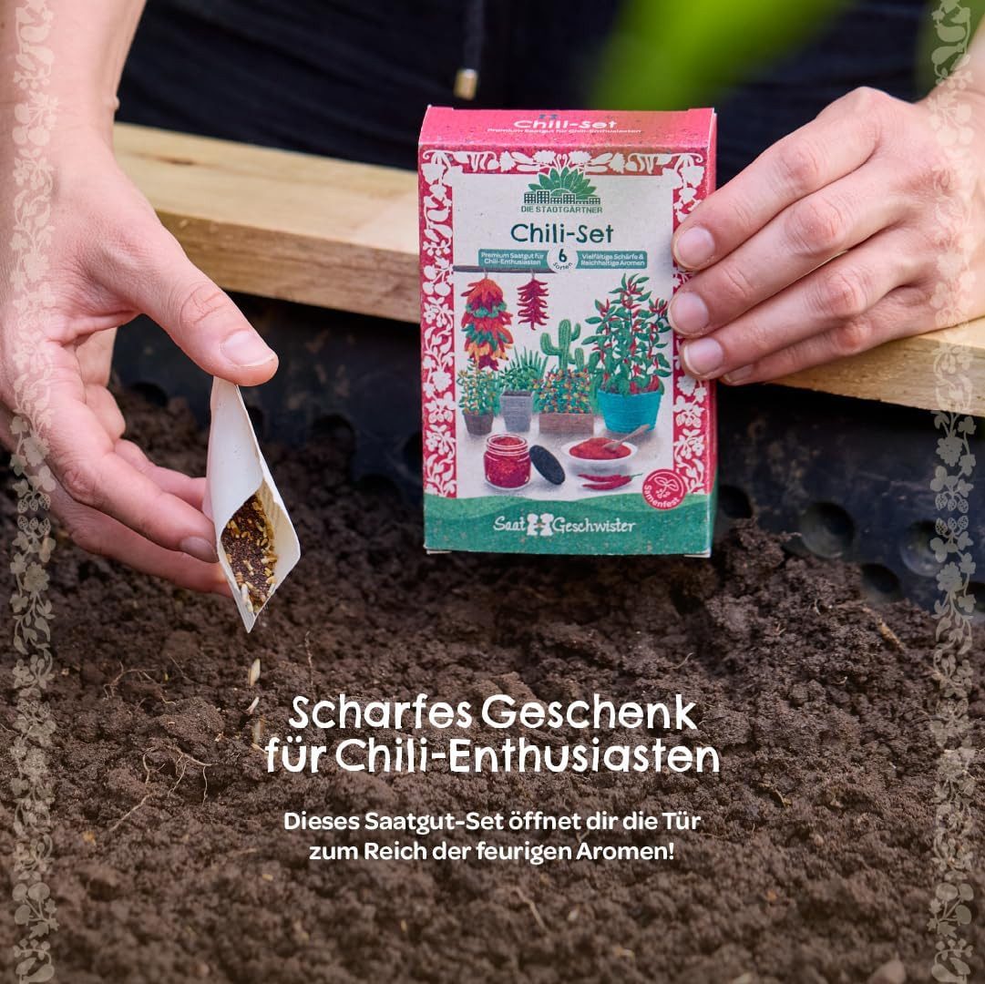Die Stadtgärtner Gemüsesamen Saatgut-Set mit 6 Chili-Sorten, Tolles Garten-Geschenk, Samenfest, Ohne Gentechnik, Laborgeprüfte Keimrate