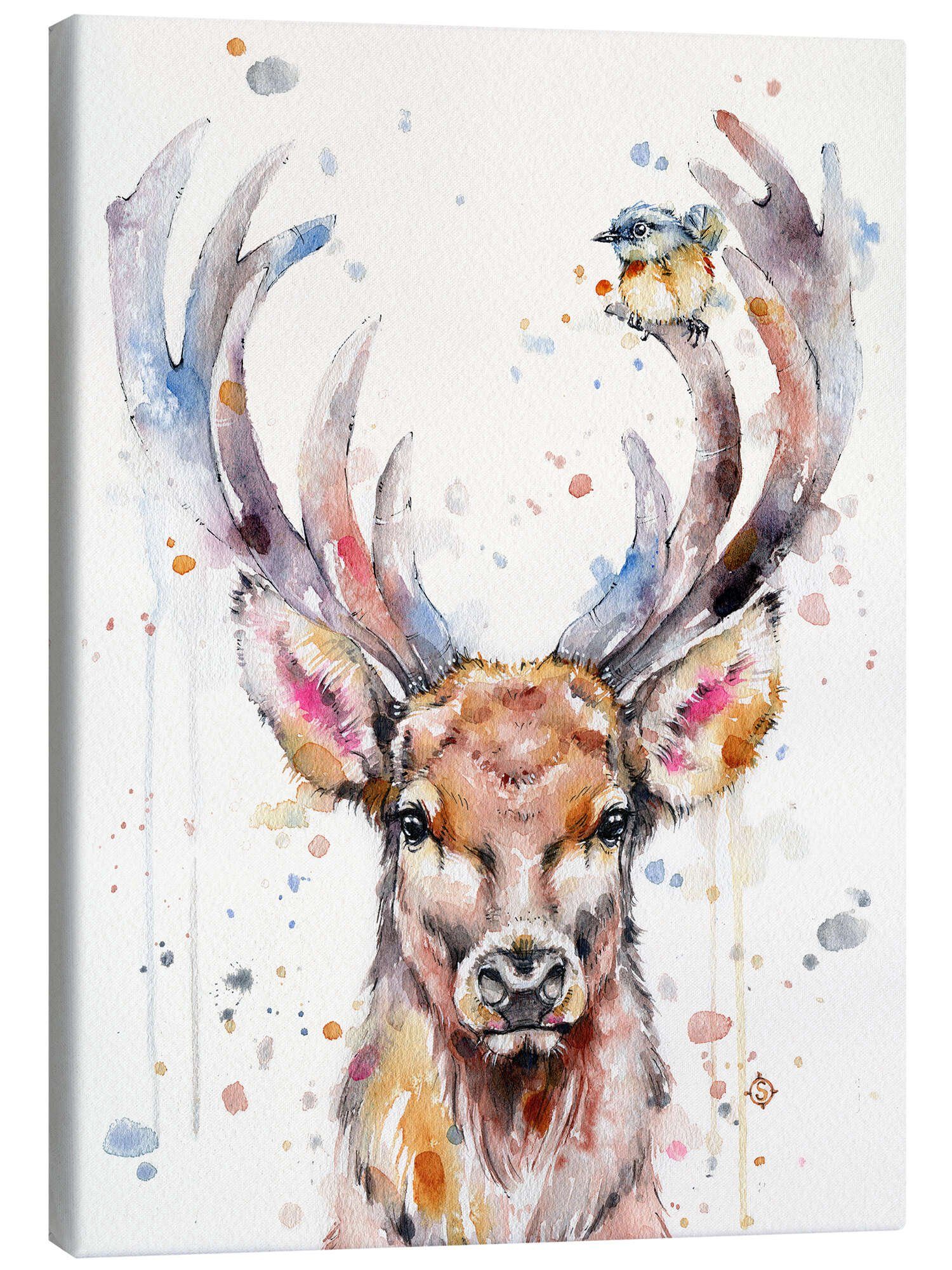 Posterlounge Wandbild Hirsch und Spatz, Sillier Than Sally, erhältlich als Poster, Leinwandbild, Wandsticker oder Acrylglasbild