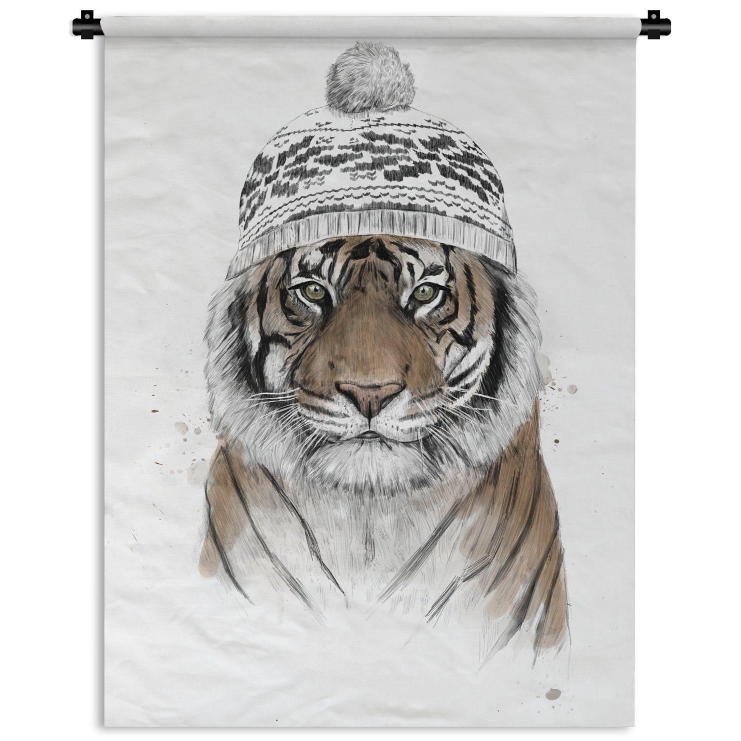 Tiger - der Deko Weiß, für Mütze - Winter MuchoWow Wanddekoobjekt Schlafzimmer Wohnzimmer, Wand, Tapisserie, an -