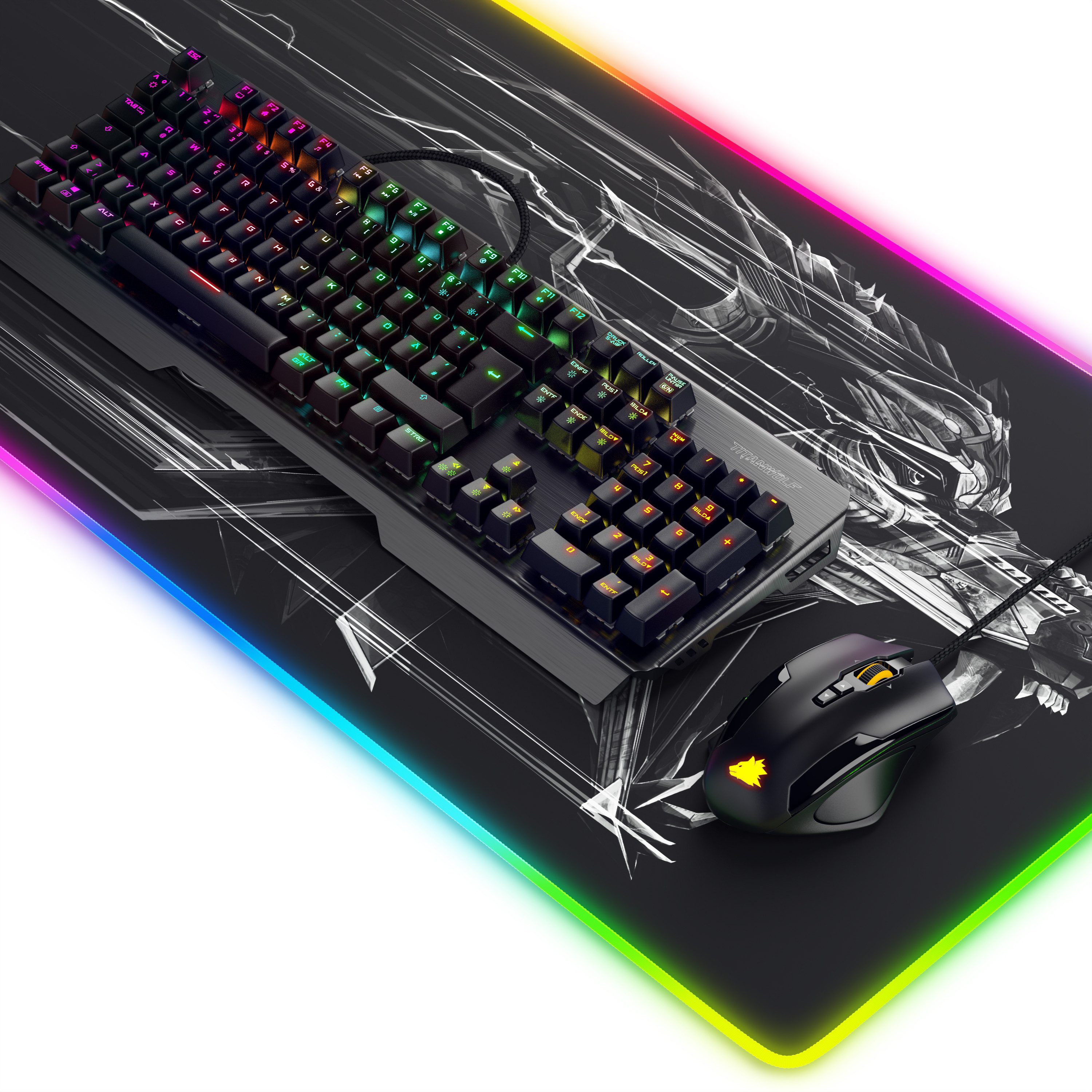 Titanwolf Mechanisches Keyboard, Mouse & Mousepad Gaming Bundle Tastatur-, Maus- und Mauspad-Set, (Spar-Set, 3 St., Keyboard, Maus & XXL Mauspad), Anti-Ghosting, LED 19 Modi, Makro, 10800dpi, XXL Schreibtischunterlage