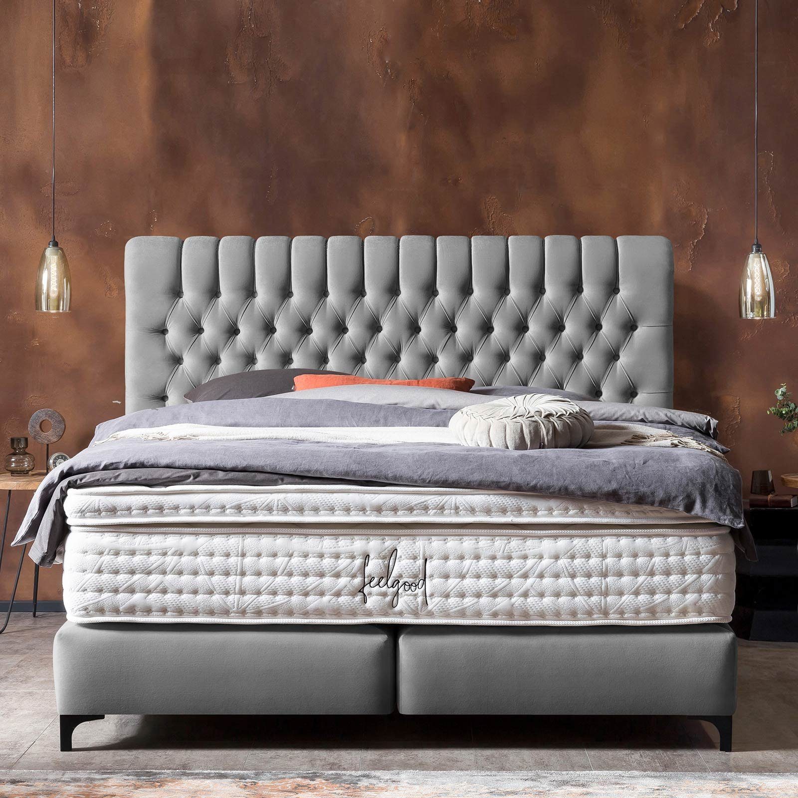 Schwarze in Topper, Grau + (140 Metallfüße Chester x cm, Velours), Boxspringbett 200 optionaler BettCo Chesterfield-Design